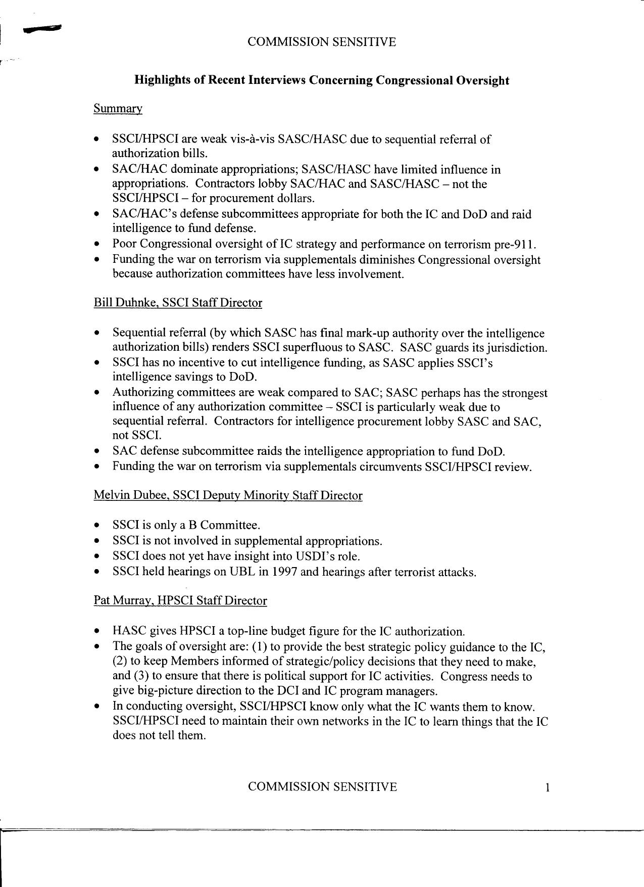 T2 B19 2-25-04 Memo on Congressional Oversight Fdr- Contents- 2 Memos- Meeting w Hamilton and Highlights of Recent Interviews 770 by Unknown