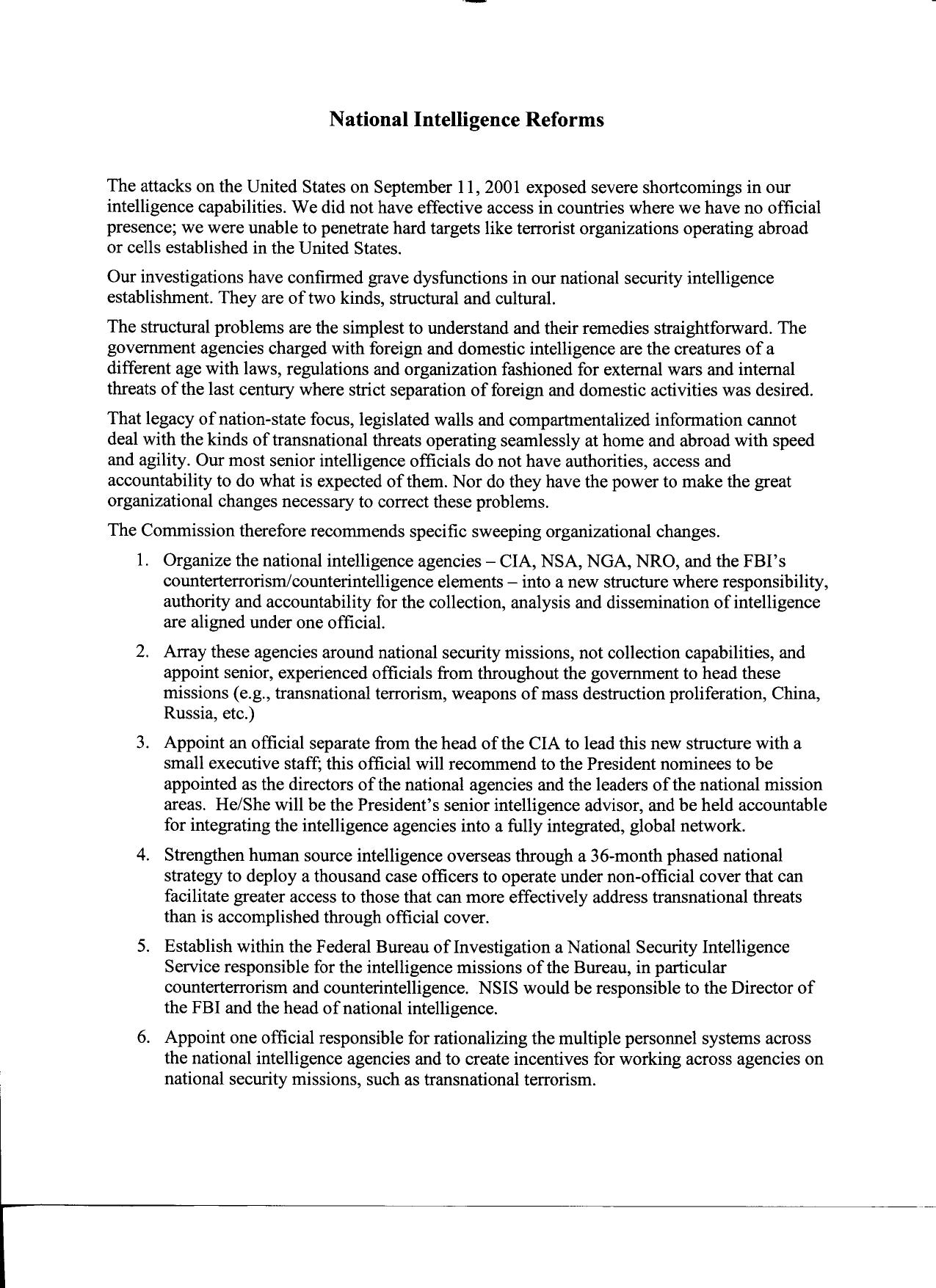 T2 B2 10-14-03 Hearing- Intelligence Background 2 of 3 Fdr- Tab 15- Undated Briefing Paper- National Intelligence Reforms- 2 pgs 912 by Unknown
