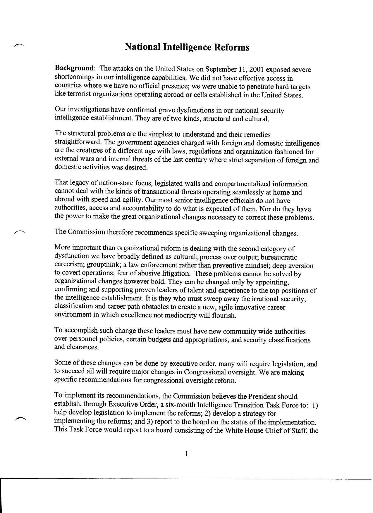 T2 B2 10-14-03 Hearing- Intelligence Background 2 of 3 Fdr- Tab 2- Undated Briefing Paper- National Intelligence Reforms- 5 pgs plus Slides by Unknown