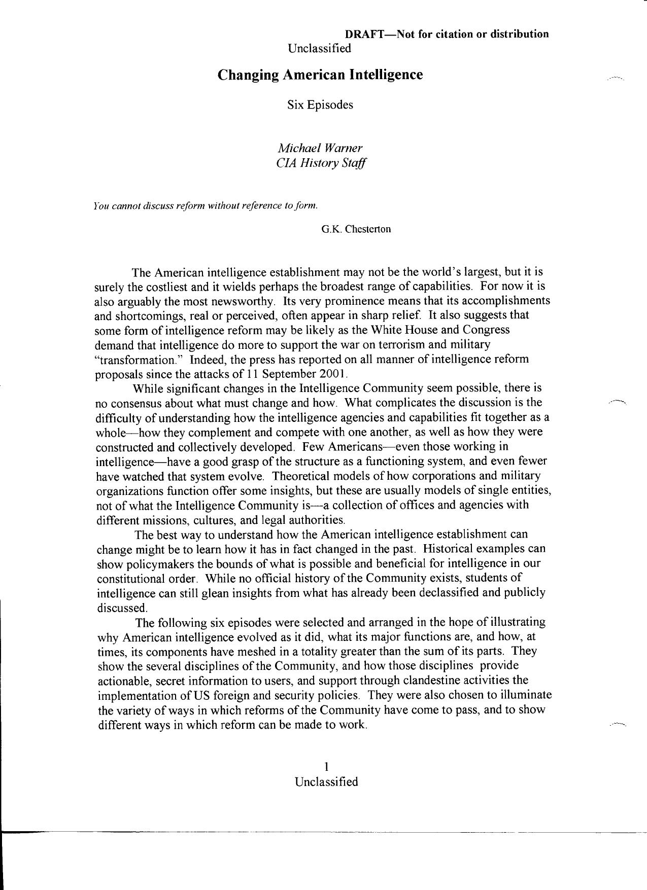 T2 B3 Relevant Articles and Reports 2 of 5 Fdr- Changing American Intelligence- Draft Report- CIA History Staff 913 by Unknown