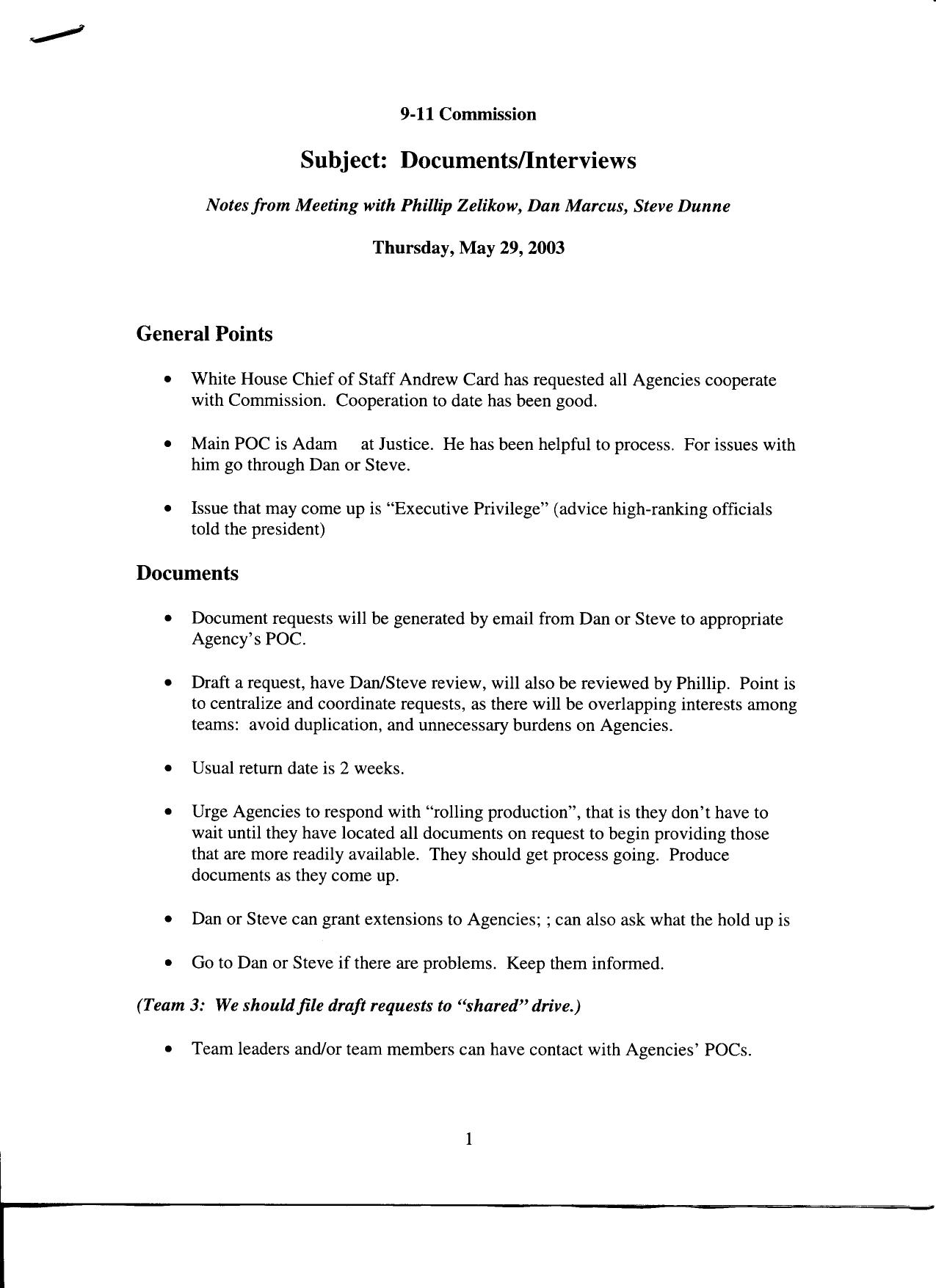T2 B6 Interview Guidelines Fdr- 5-29-03 Memo- Zelikow Meeting re Documents-Interviews-Charter-Everything Fair Game by Unknown