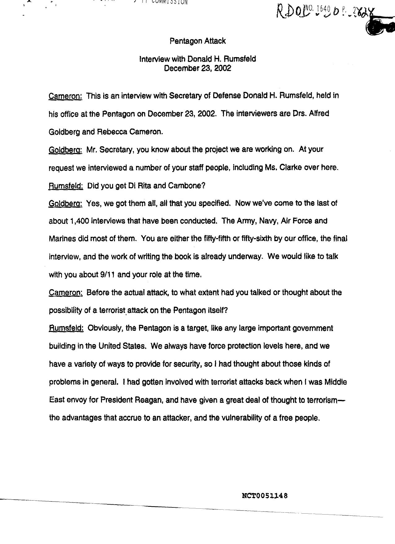 T2 B7 Rumsfeld on Intel Fdr- Entire Contents- 12-23-02 Interview- Pentagon Attack- Alfred Goldberg and Rebecca Cameron (Skew Corrected) by Unknown