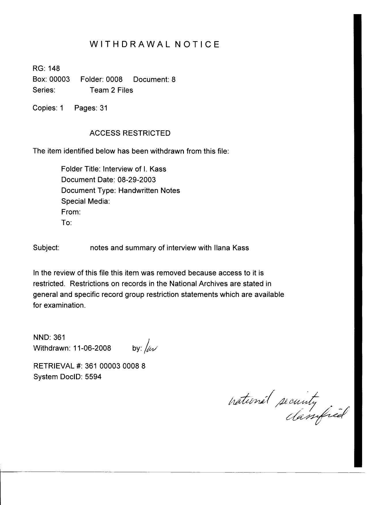T2 B8 Interview of I Kass Fdr- Entire Contents- Questions and Withdrawal Notice- 31 pgs- Interview Notes and Summary by Unknown
