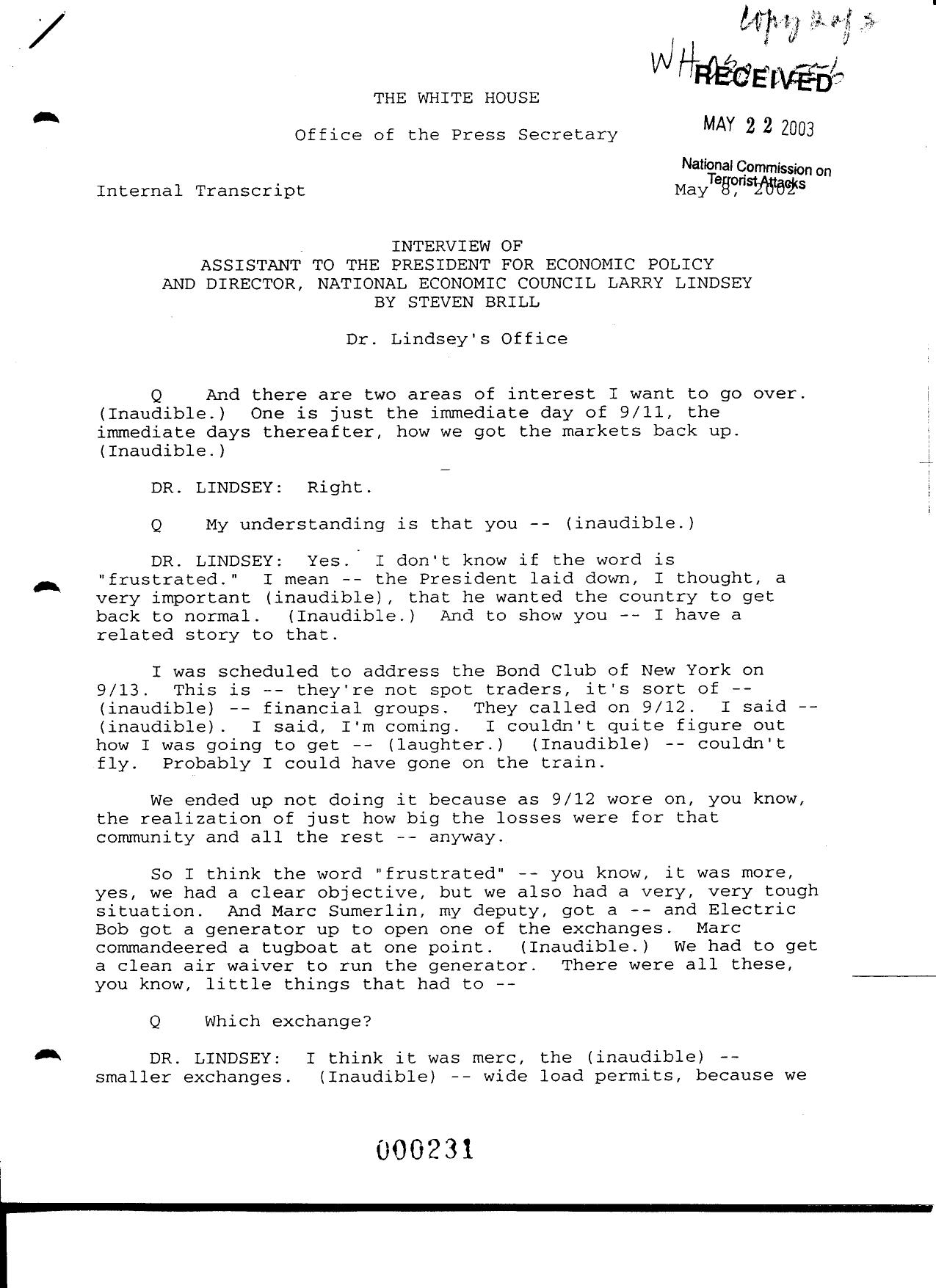 T3 B1 EOP- Press Interviews of Staff Fdr- Internal Transcript- 5-8-02 Brill Interview of Larry Lindsey- National Economic Council and Assistant to Bush for Economic Policy 956 by Unknown
