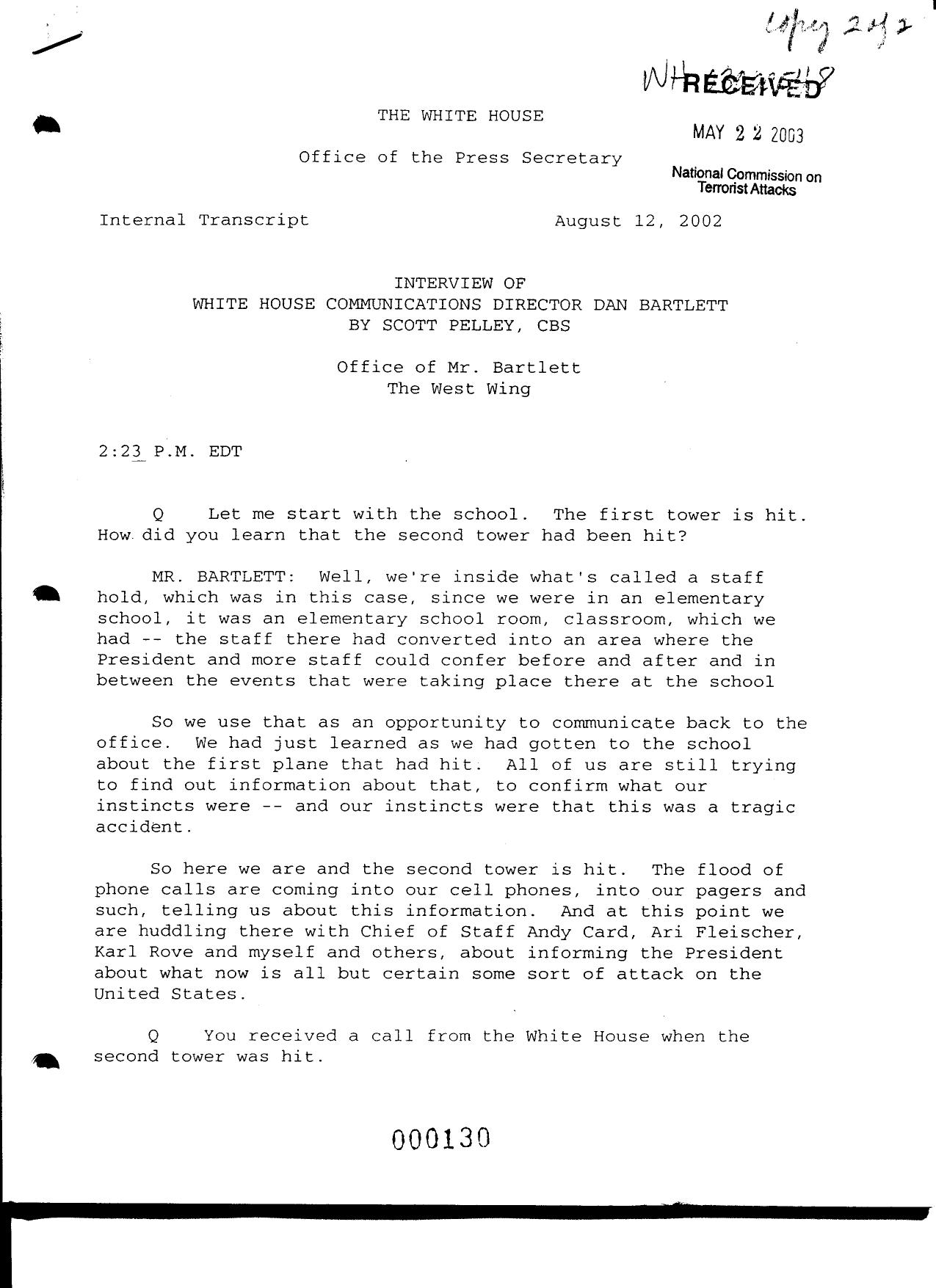 T3 B1 EOP- Press Interviews of Staff Fdr- Internal Transcript- 8-12-02 Pelley Interview of Bartlett 952 by Unknown
