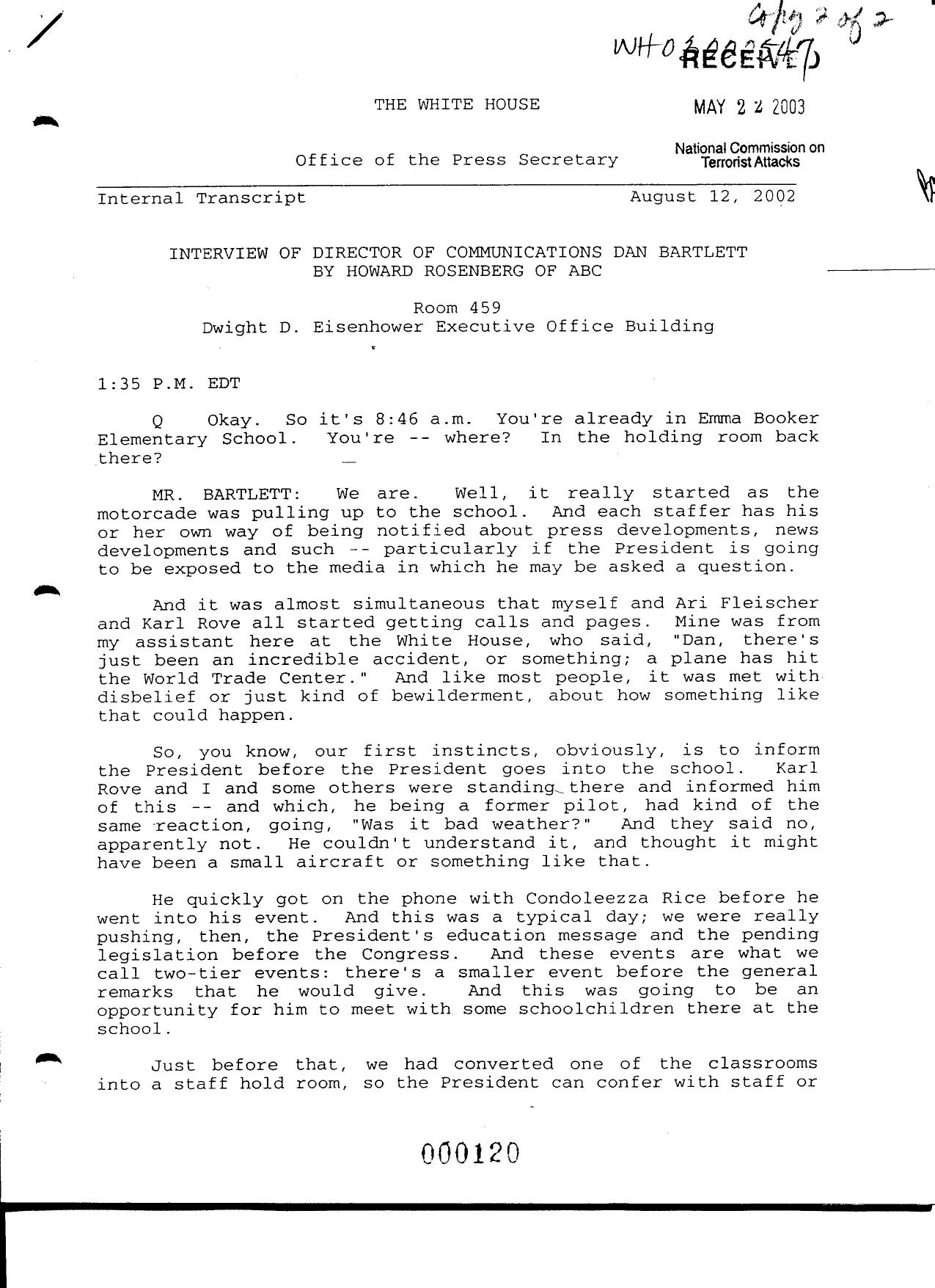 T3 B1 EOP- Press Interviews of Staff Fdr- Internal Transcript- 8-12-02 Rosenberg Interview of Bartlett 951 by Unknown