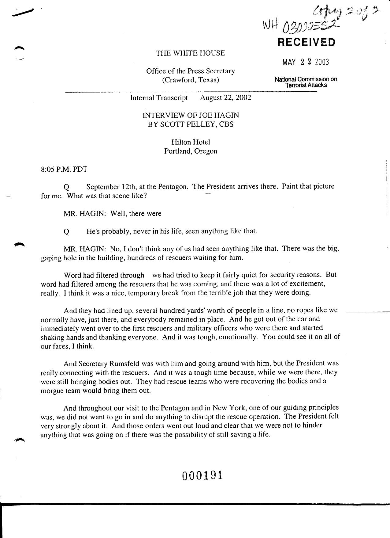 T3 B1 EOP- Press Interviews of Staff Fdr- Internal Transcript- 8-22-02 Pelley Interview of Joe Hagin 954 by Unknown