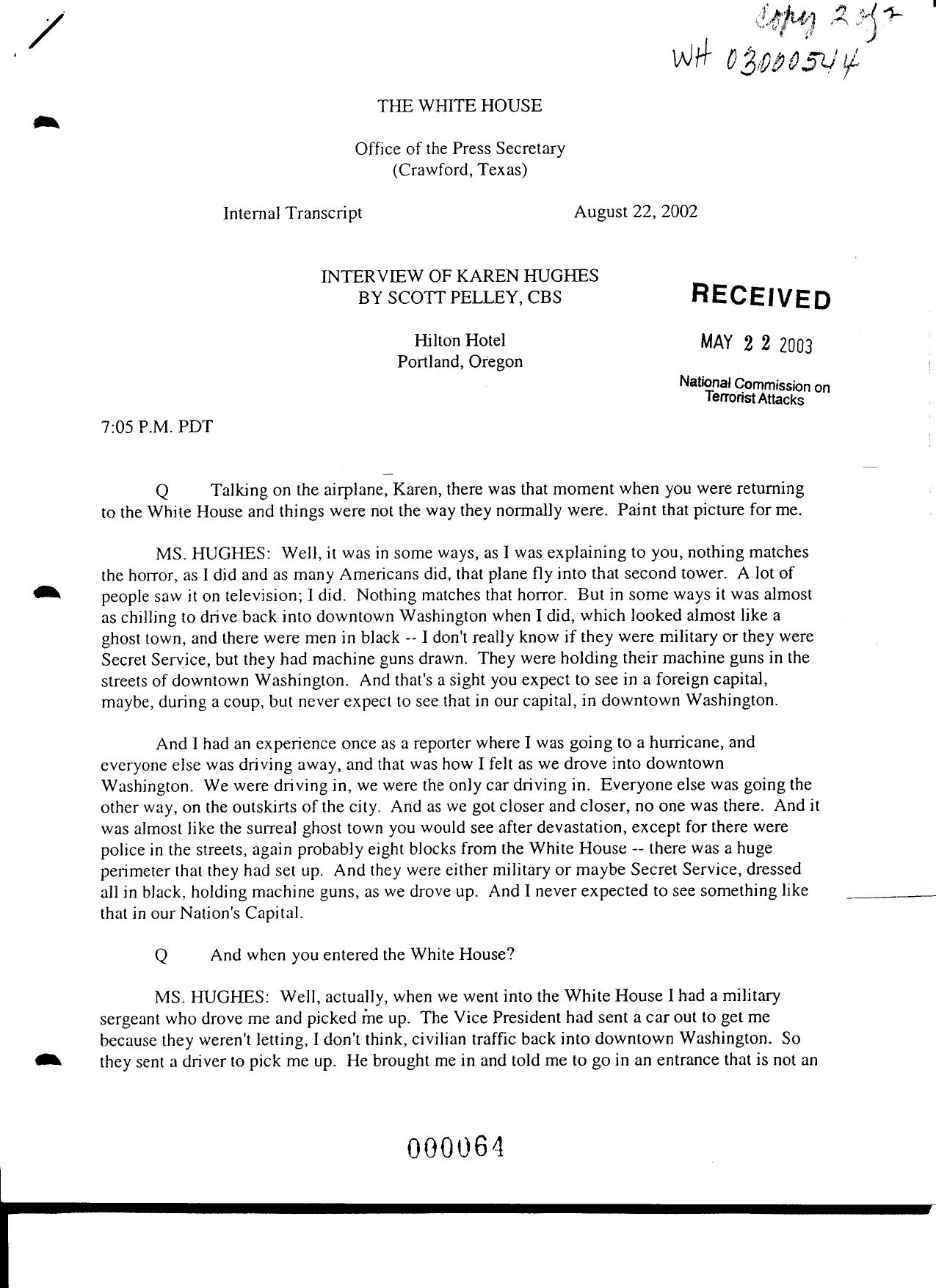 T3 B1 EOP- Press Interviews of Staff Fdr- Internal Transcript- 8-22-02 Pelley Interview of Karen Hughes 955 by Unknown