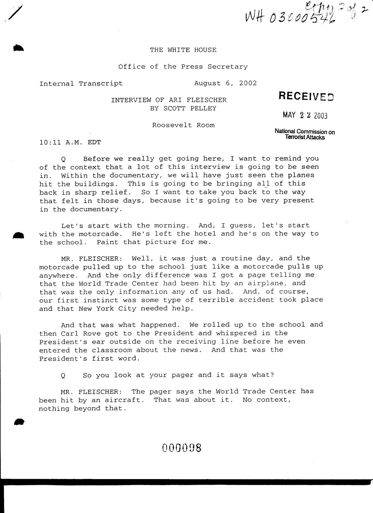 T3 B1 EOP- Press Interviews of Staff Fdr- Internal Transcript- 8-6-02 Pelley Interview of Ari Fleischer 949 by Unknown