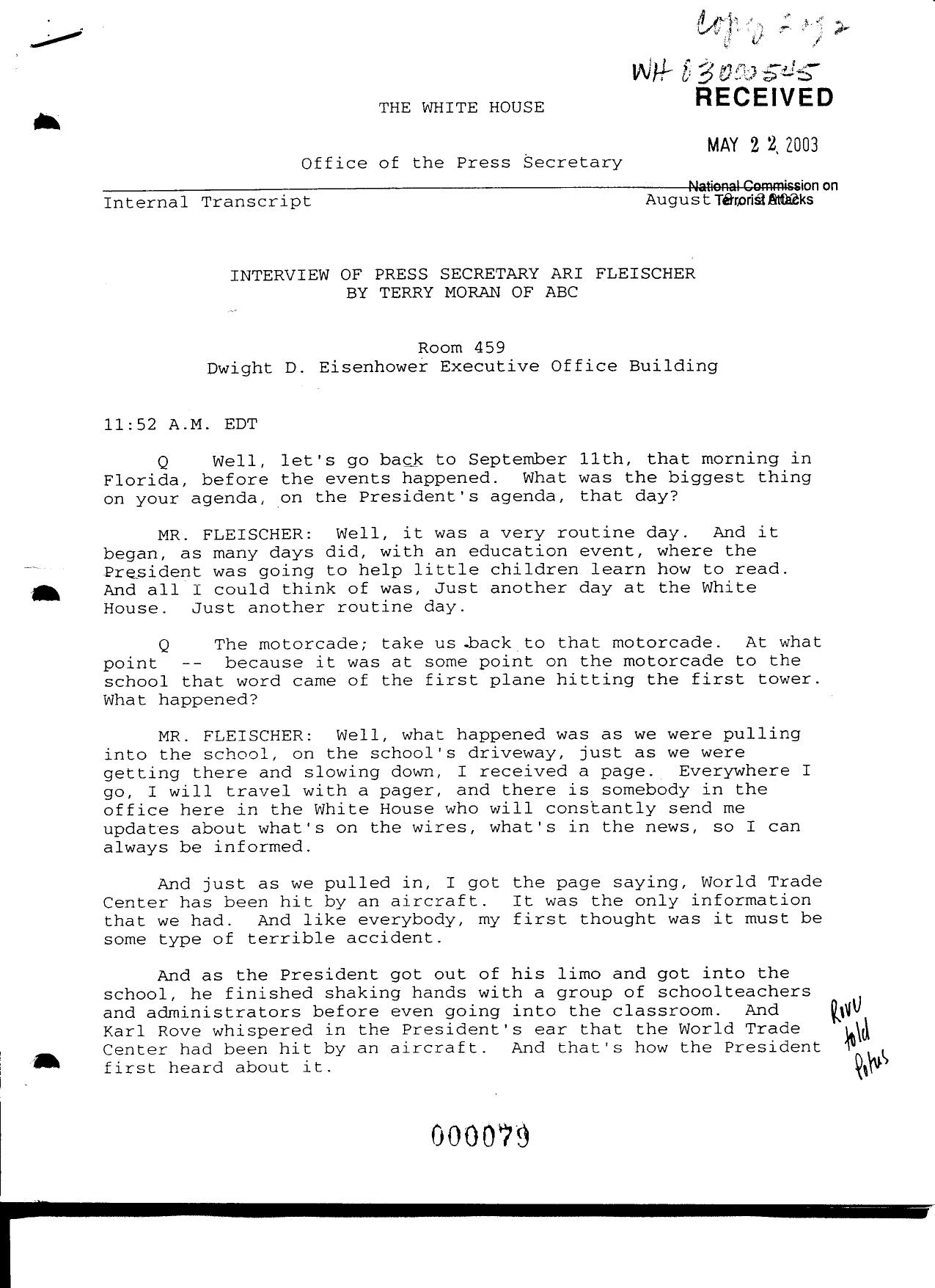 T3 B1 EOP- Press Interviews of Staff Fdr- Internal Transcript- 8-8-02 Moran Interview of Ari Fleischer 950 by Unknown