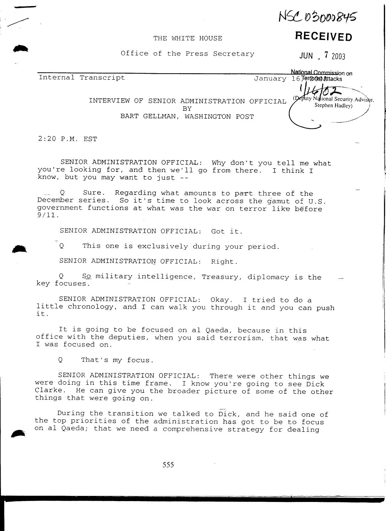 T3 B11 EOP Produced Documents Vol III Fdr- 1-16-02 Bart Gellman-Washington Post Interview of Hadley 011 by Unknown
