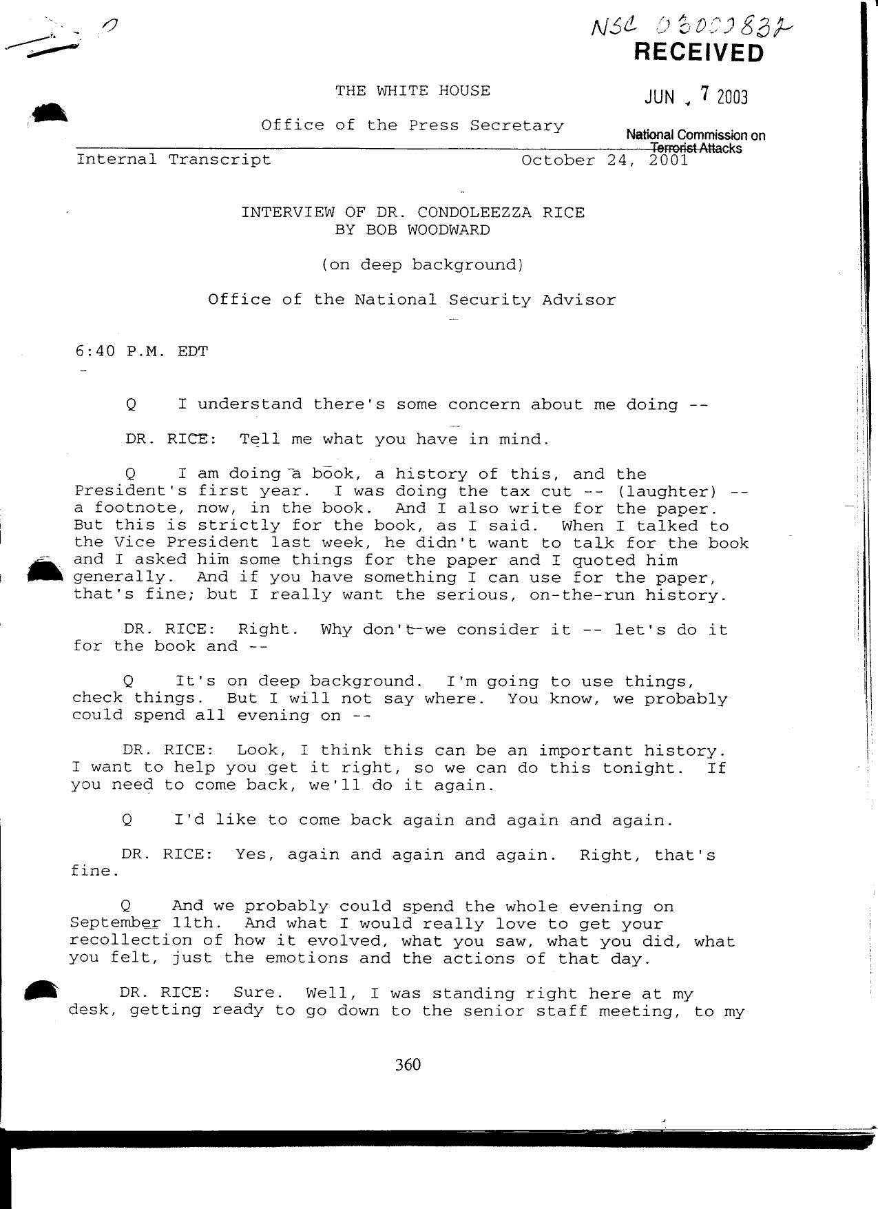 T3 B11 EOP Produced Documents Vol III Fdr- 10-24-01 Bob Woodward-Deep Background Interview of Rice 999 by Unknown