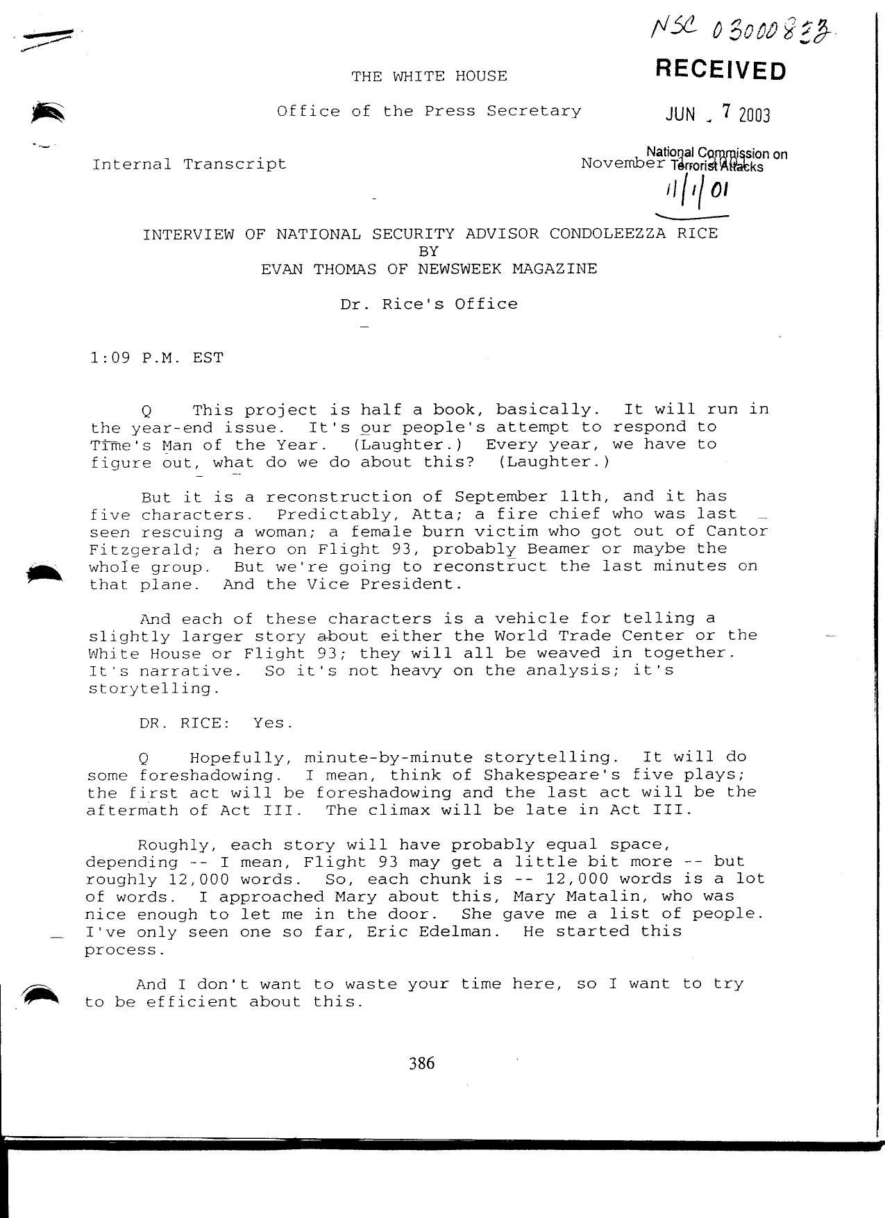 T3 B11 EOP Produced Documents Vol III Fdr- 11-1-01 Evan Thomas-Newsweek Interview of Rice 001 by Unknown