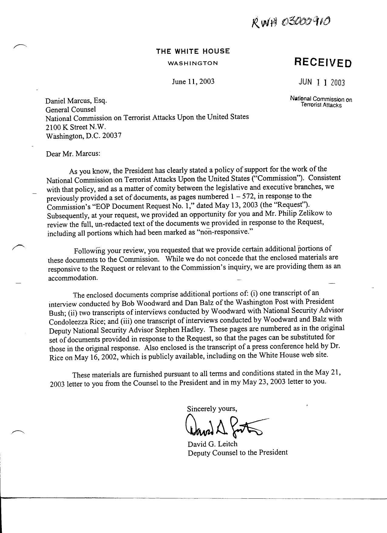 T3 B11 EOP Produced Documents Vol III Fdr- 6-11-03 Tab- 6-11-03 Leitch Cover Letter- 1st pg 5-16-02 WH Rice Conf- Woodward-Balz Interview Transcripts- 1 Bush- 2-3 Rice- 4 Hadley 012 by Unknown