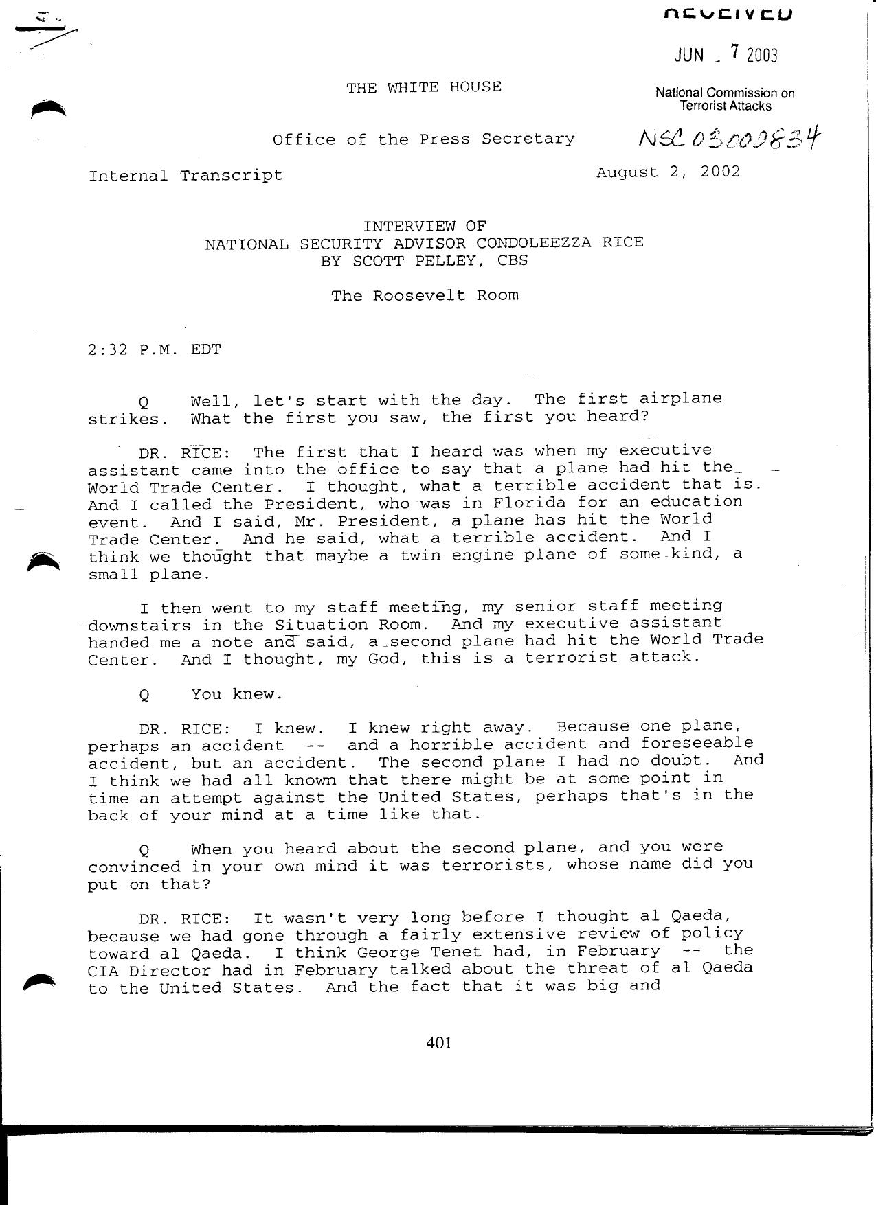 T3 B11 EOP Produced Documents Vol III Fdr- 8-2-02 Scott Pelley-CBS Interview of Rice 002 by Unknown