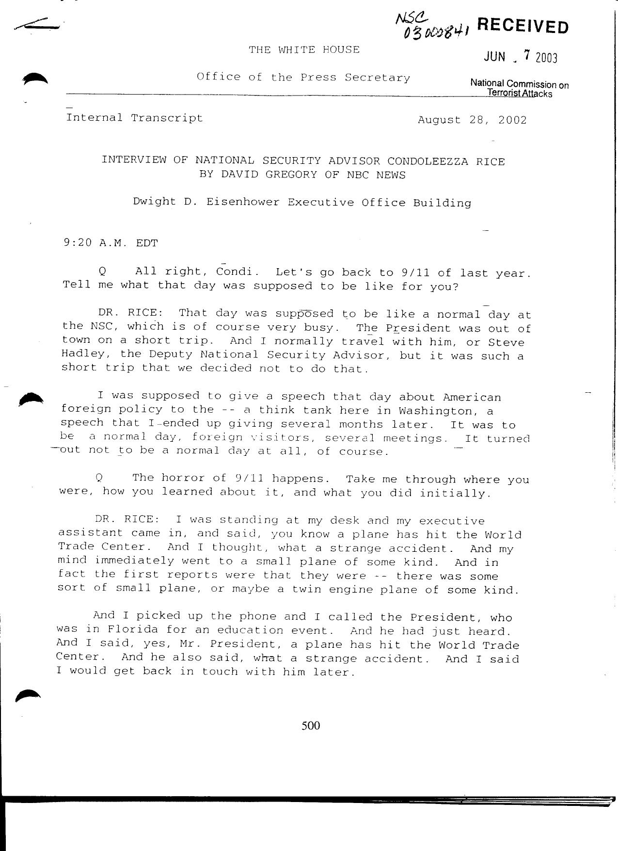 T3 B11 EOP Produced Documents Vol III Fdr- 8-28-02 David Gregory-NBC Interview of Rice 008 by Unknown