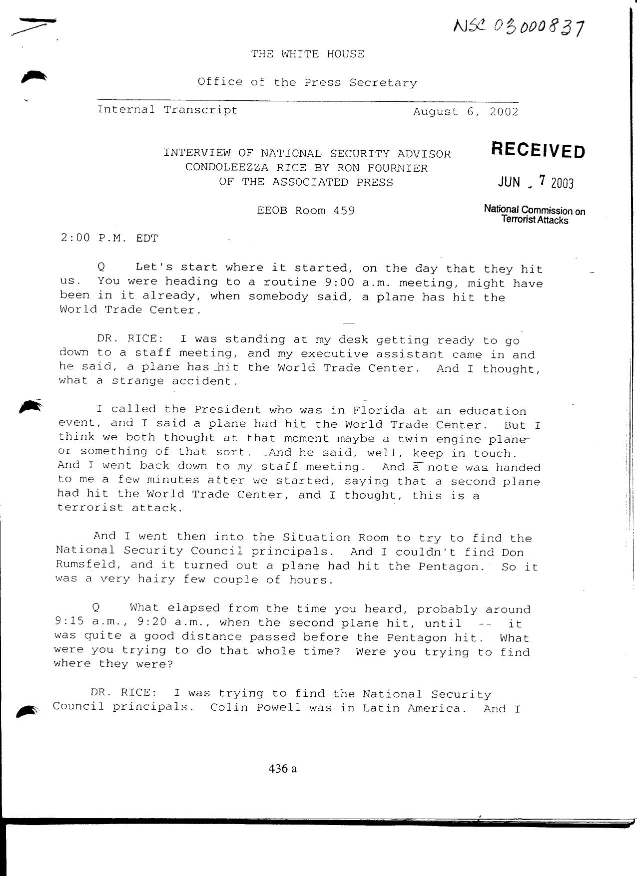 T3 B11 EOP Produced Documents Vol III Fdr- 8-6-02 Ron Fournier-AP Interview of Rice 004 by Unknown