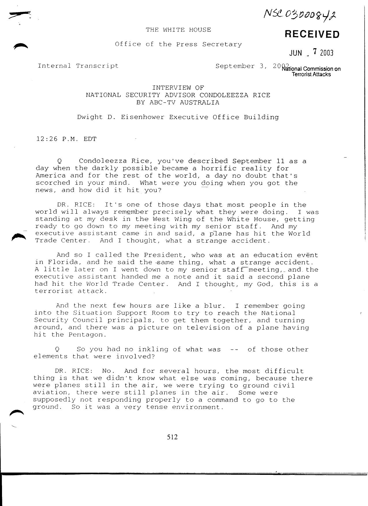T3 B11 EOP Produced Documents Vol III Fdr- 9-3-02 ABC-TV Australia Interview of Rice 009 by Unknown