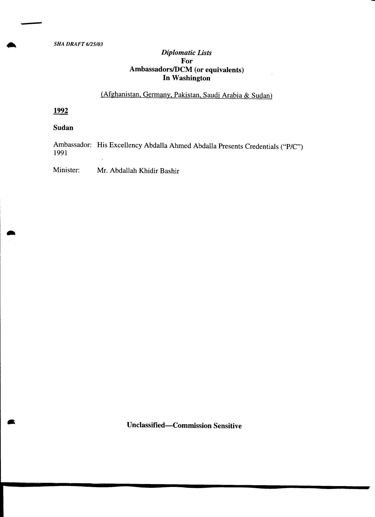 T3 B14 Key Questions- Interview Policy Sub-Group Fdr- 6-25-03 Draft- List of Ambassdors in DC 924 by Unknown