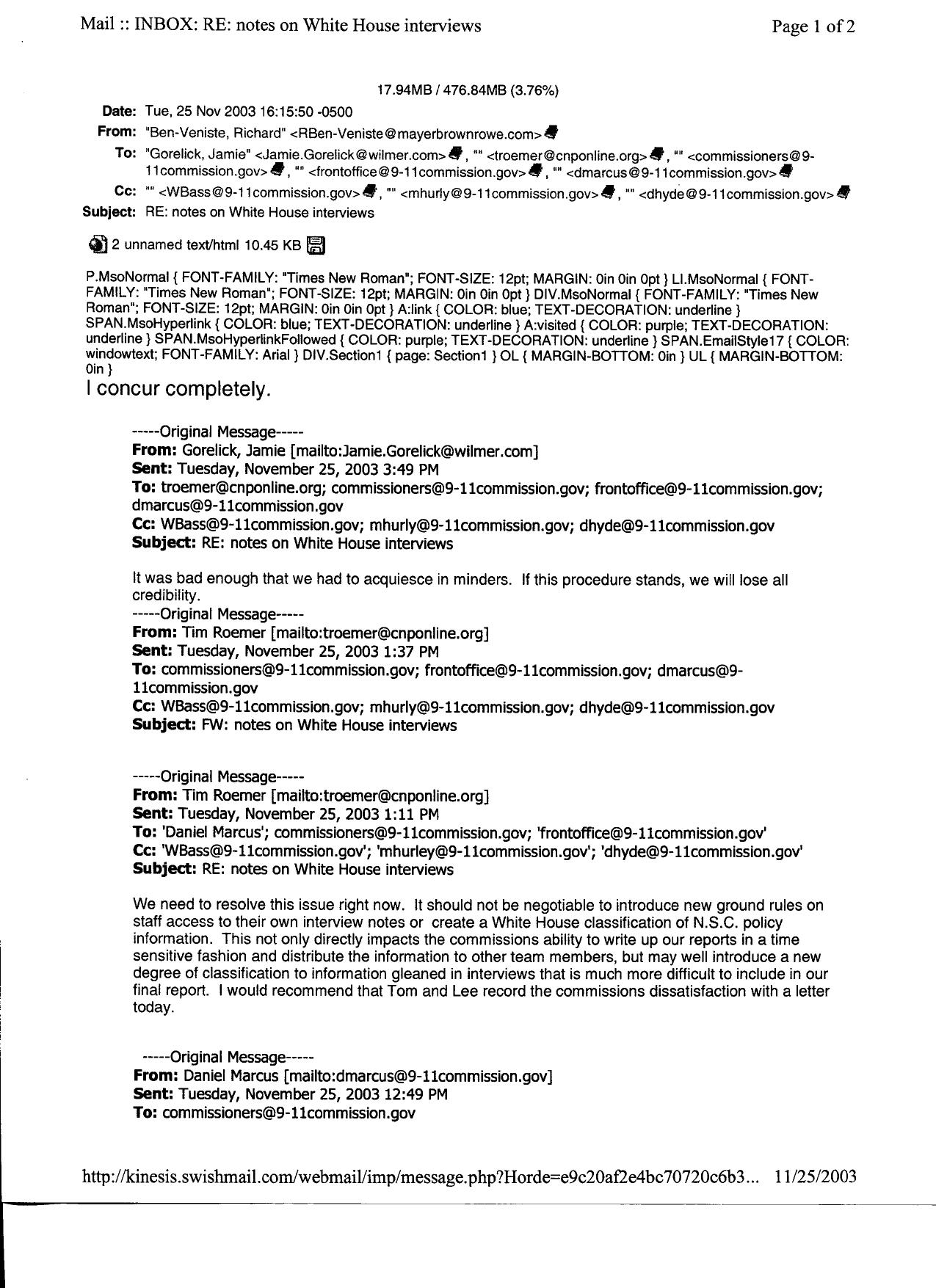 T3 B22 EOP Requests Fdr- 11-25-03 Email Chain re WH Review of Interview Notes- We Will Lose All Credibility 082 by Unknown