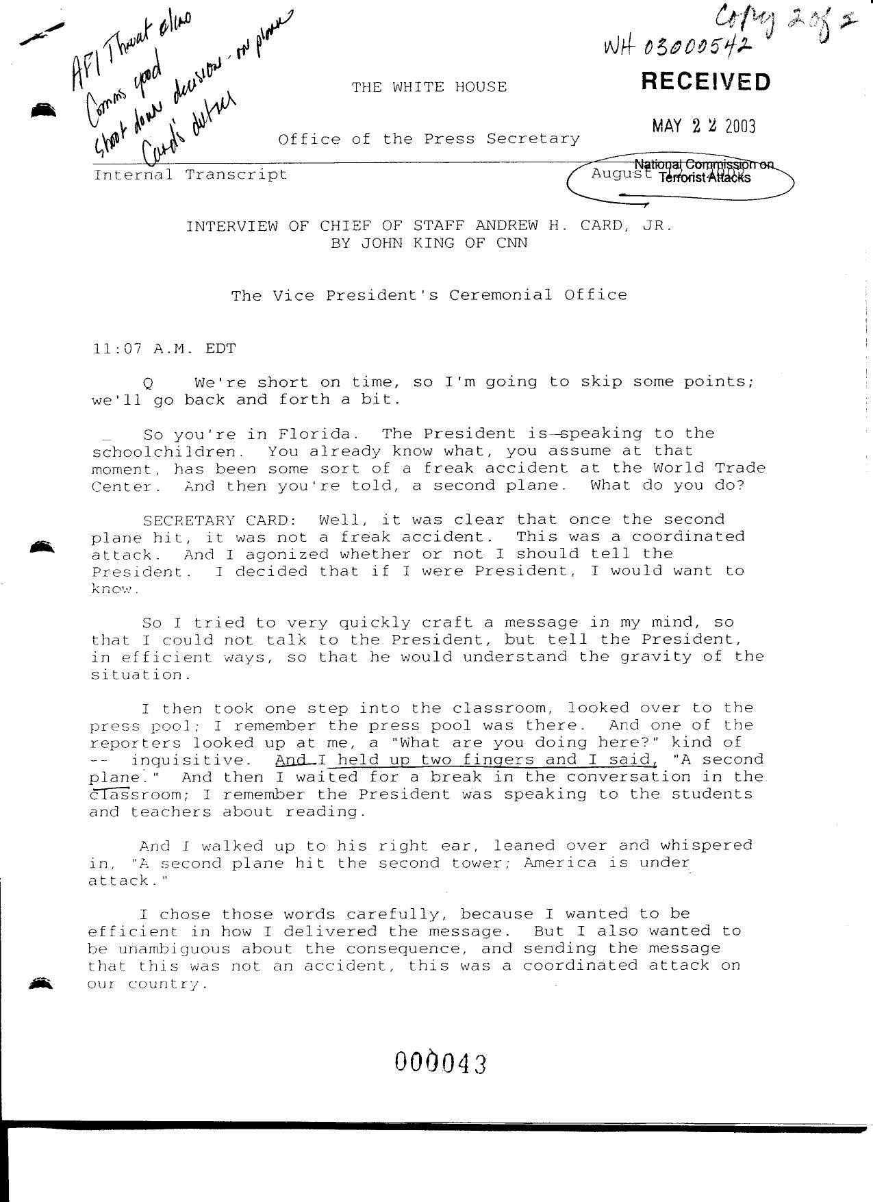 T3 B25 Andrew Card Press Interviews Fdr- 8-12-02 King-CNN Interview of Card 111 by Unknown