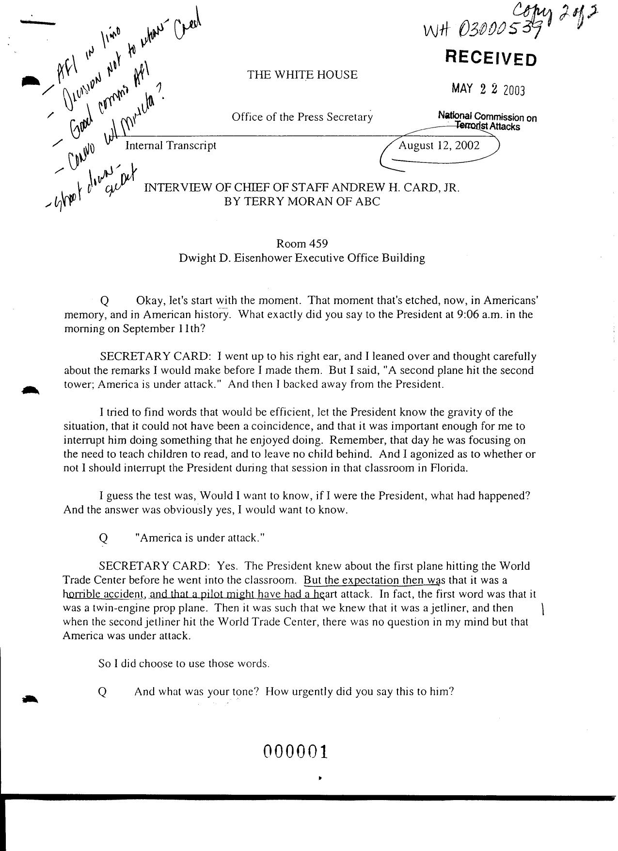 T3 B25 Andrew Card Press Interviews Fdr- 8-12-02 Moran-ABC Interview of Card 110 by Unknown