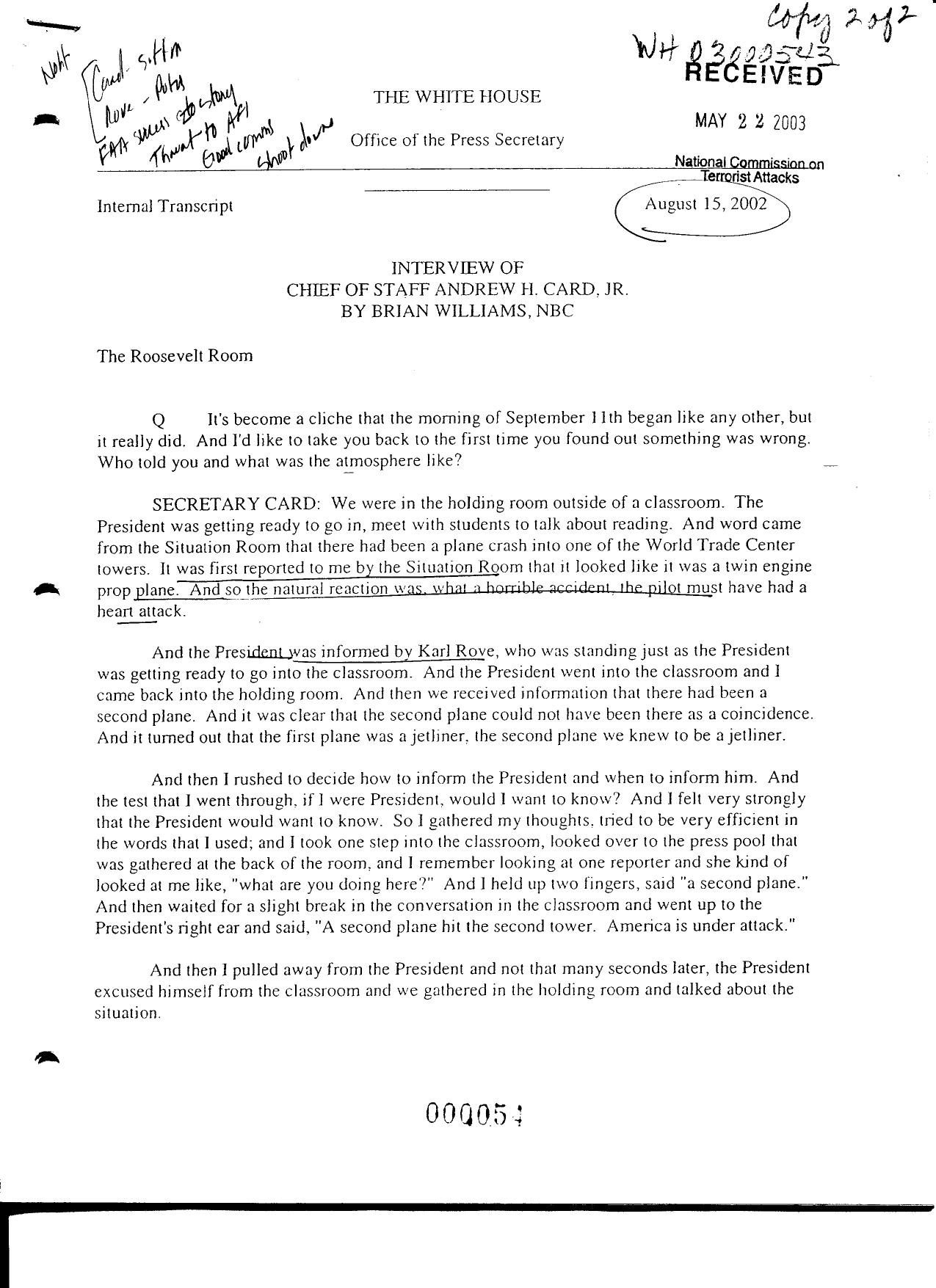 T3 B25 Andrew Card Press Interviews Fdr- 8-15-02 Williams-NBC Interview of Card 109 by Unknown