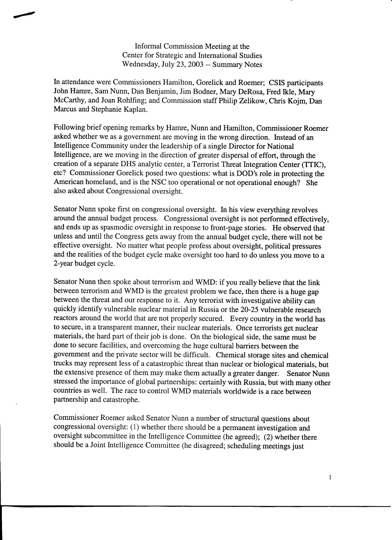 T3 B6 NSC Interviews Fdr- Summary- 7-23-03 Meeting at Center for Strategic and International Studies by Unknown