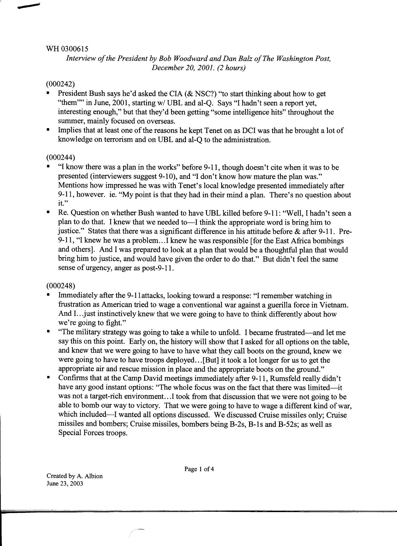 T3 B7 Hurley's File on Public Testimony of Rice Fdr- 6-23-03 Albion Notes from 12-20-01 Woodward-Balz Interview of Bush 087 by Unknown