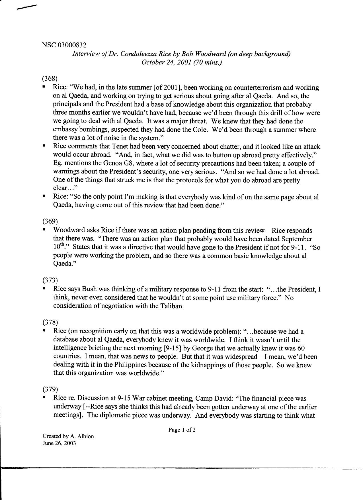 T3 B7 Hurley's File on Public Testimony of Rice Fdr- 6-26-03 Albion Notes from 10-24-01 Woodward Interview of Rice 088 by Unknown