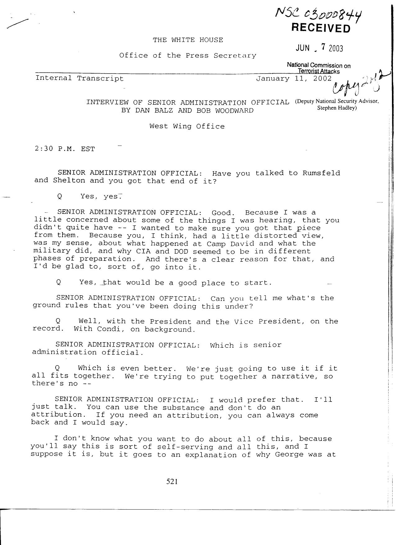 T3 B9 Hurley Sources for Final Report Sec 9-2 3 of 3 Fdr- 1-11-02 Transcript- Balz-Woodward Interview of Sr Admin Offical (Hadley) by Unknown