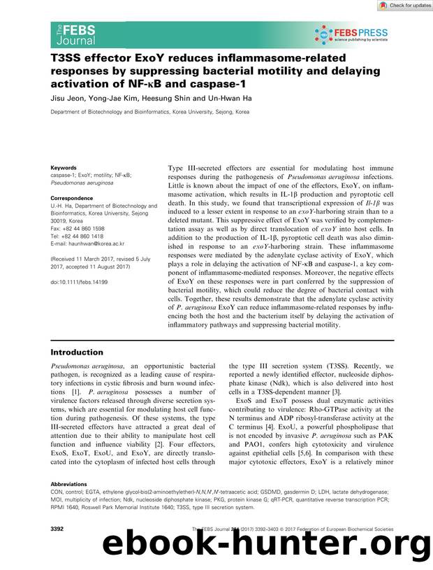 T3SS effector ExoY reduces inflammasomeârelated responses by suppressing bacterial motility and delaying activation of NFâÎºB and caspaseâ1 by Unknown