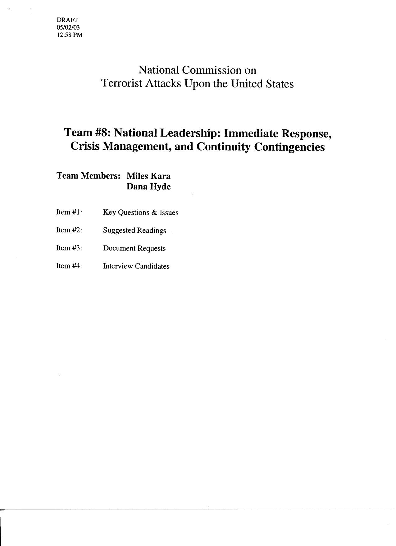 T4 B1 Team 4 Workplan Fdr- Draft 5-2-03- Workplan Team 8- National Leadership- Immediate Response Crisis Management and Continuity Contingencies 131 by Unknown