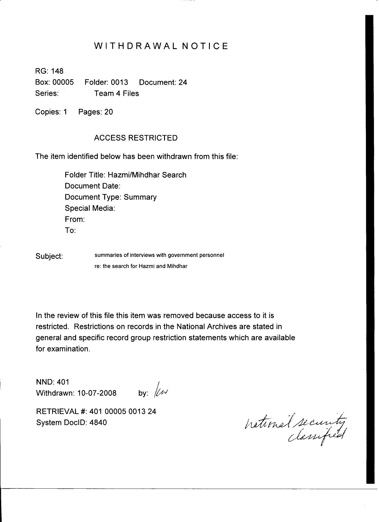 T4 B13 Hazmi-Mihdhar Search Fdr- Entire Contents- Document Request 1 Index- Memo- Withdrawal Notice re Interview Summaries by Unknown