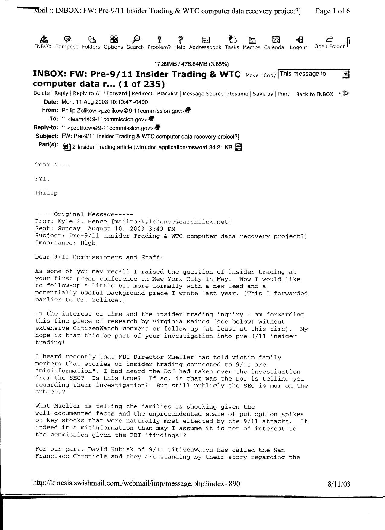 T4 B19 Insider Trading Allegations Fdr- 8-11-03 Email from Kyle Hence to Zelikow re Insider Trading articles and Convar 699 by Unknown