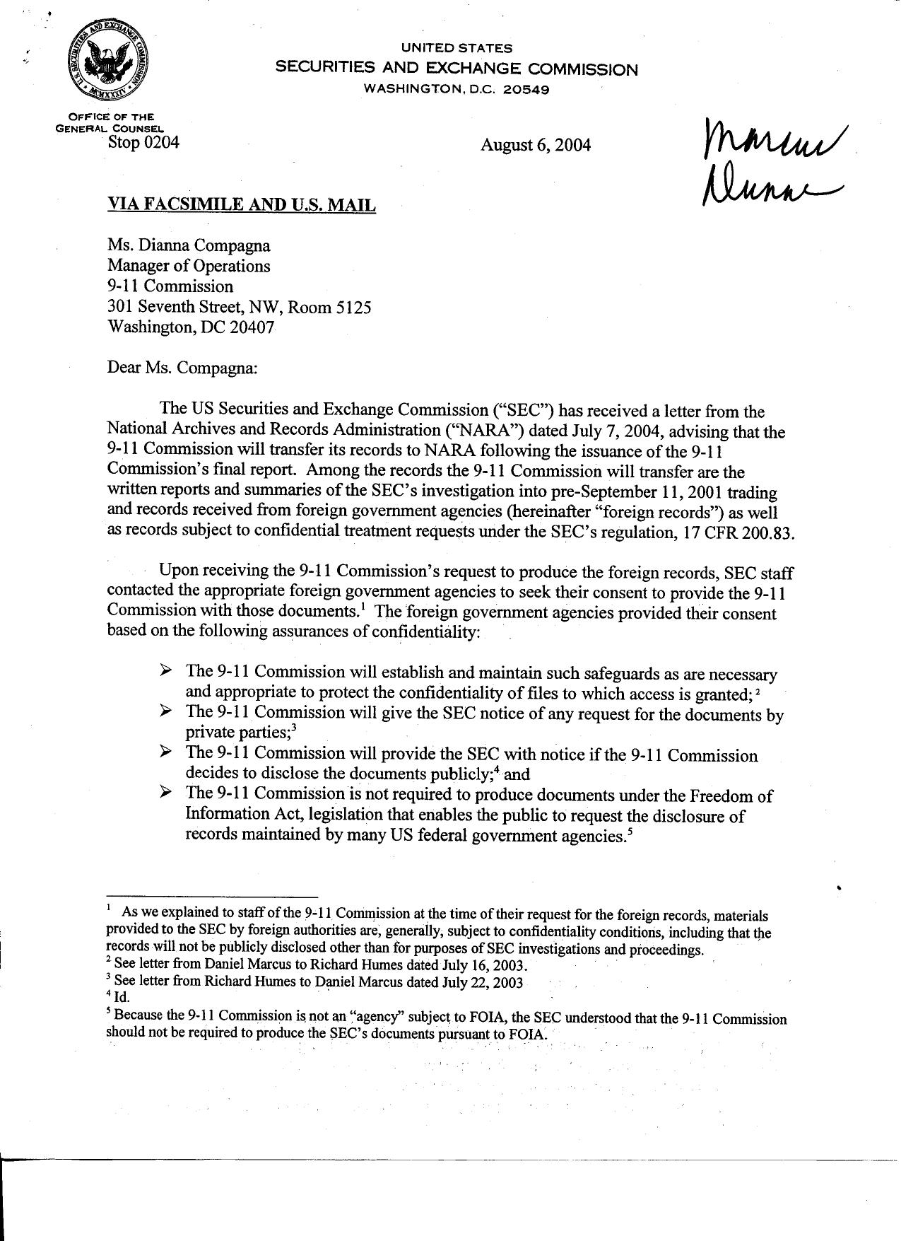 T4 B21 SEC Fdr- Entire Contents- 8-6-04 Letter from SEC-Jacoby re NARA and SEC 9-11 Insider Trading Investigation- and Withdrawal Notice re Table of Foreign Regulators Info 963 by Unknown