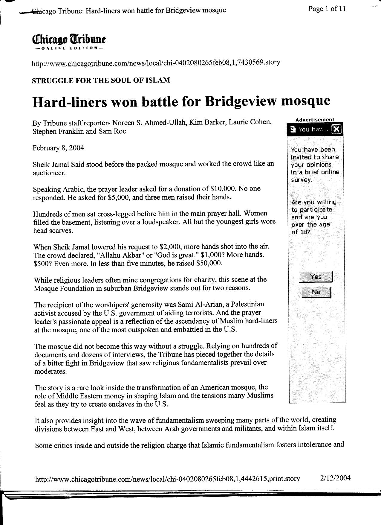 T4 B6 Chicago Tribune-Hardliners Fdr- Entire Contents- 2-8-04 Chicago Tribune article- 1st pg scanned for reference 438 by Unknown