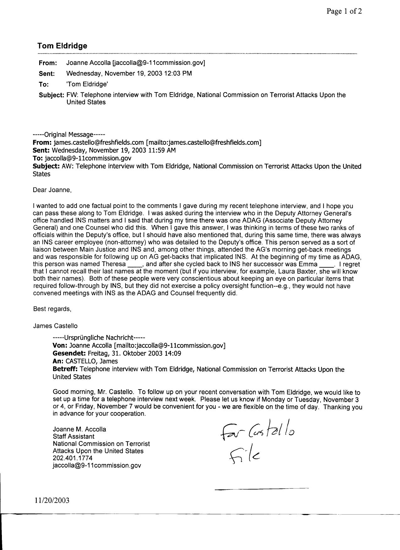 T5 B1 Castello- James Fdr- 11-19-03 Email from Castello re Follow up and 10-20-03 Email from Dunne w Draft Interview Request (see NARA MFR) 081 by Unknown
