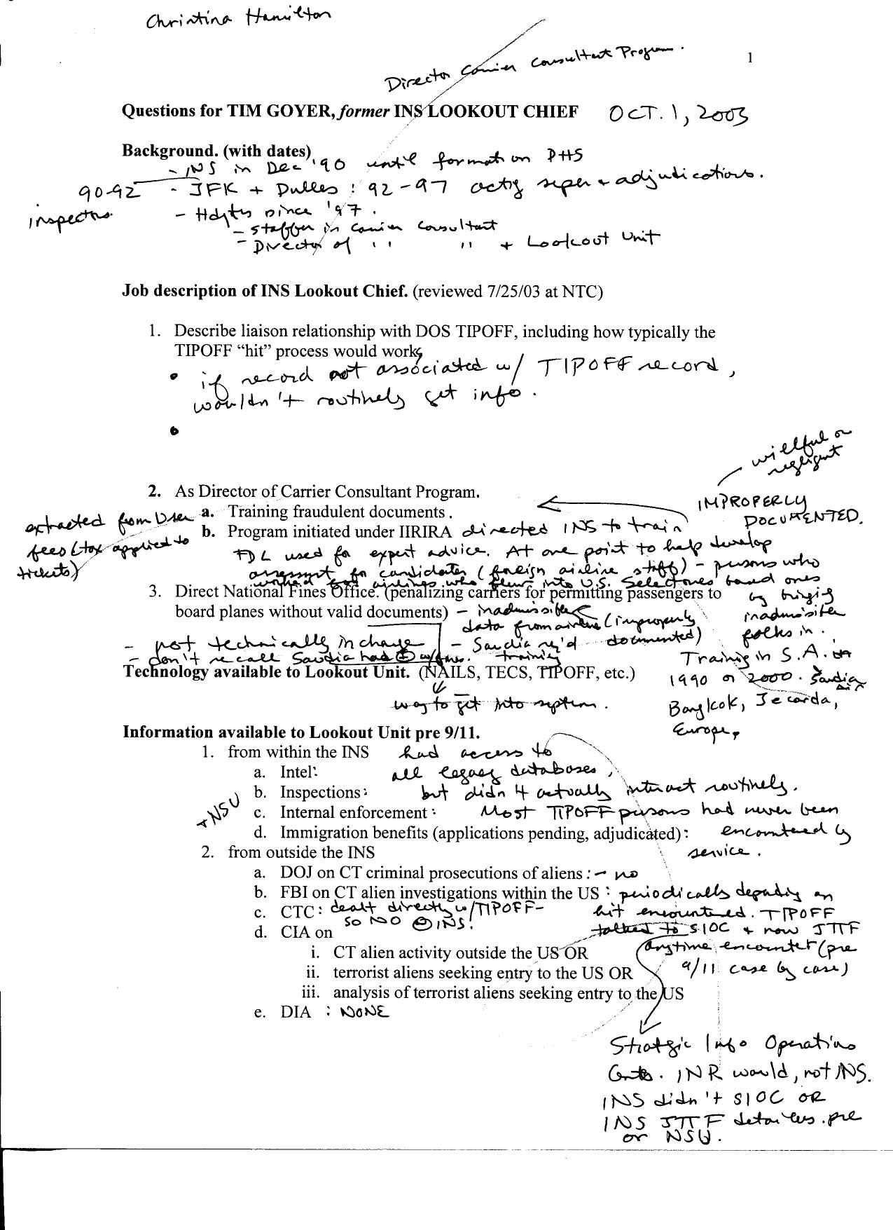 T5 B2 Goyer- Tim Fdr- Questions w Notes- Email- Memo- DHS Interview Request- INS MOU (see NARA MFR) 102 by Unknown
