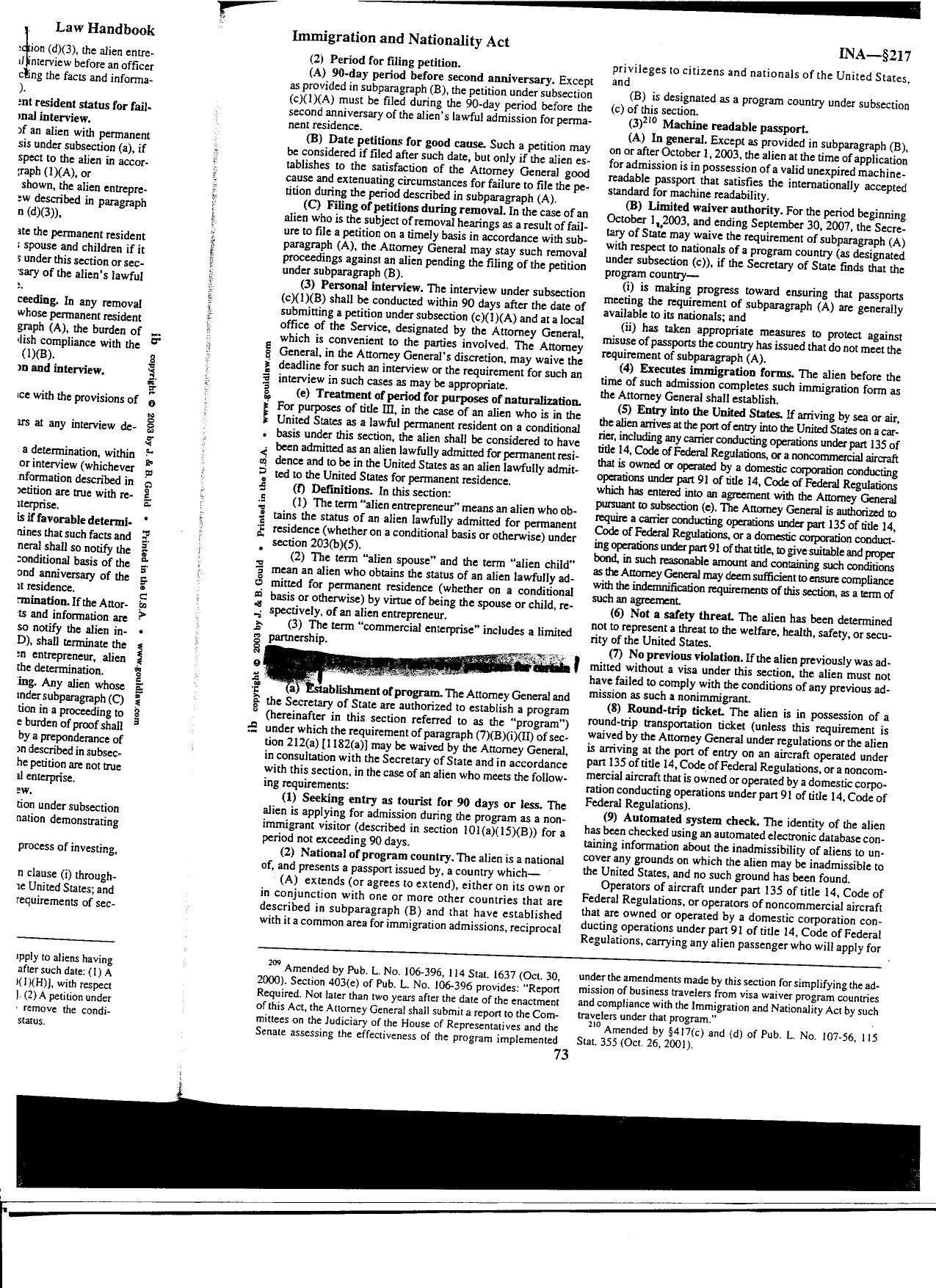 T5 B25 VISA Waiver Fdr- Immigration and Nationality Act- 217-209 8 USC 1187 Relevant section298 by Unknown