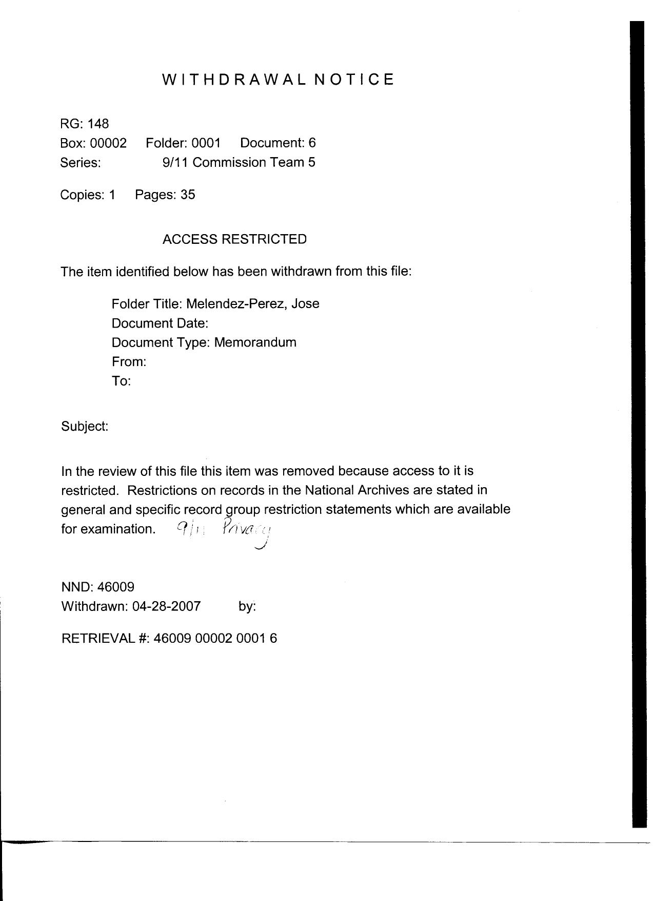 T5 B3 Melendez-Perez- Jose Fdr- Entire Contents- Withdrawal Notice- Letters- Notes- Questions- Emails- Memos- Testimony (1st pg for reference) 124 by Unknown