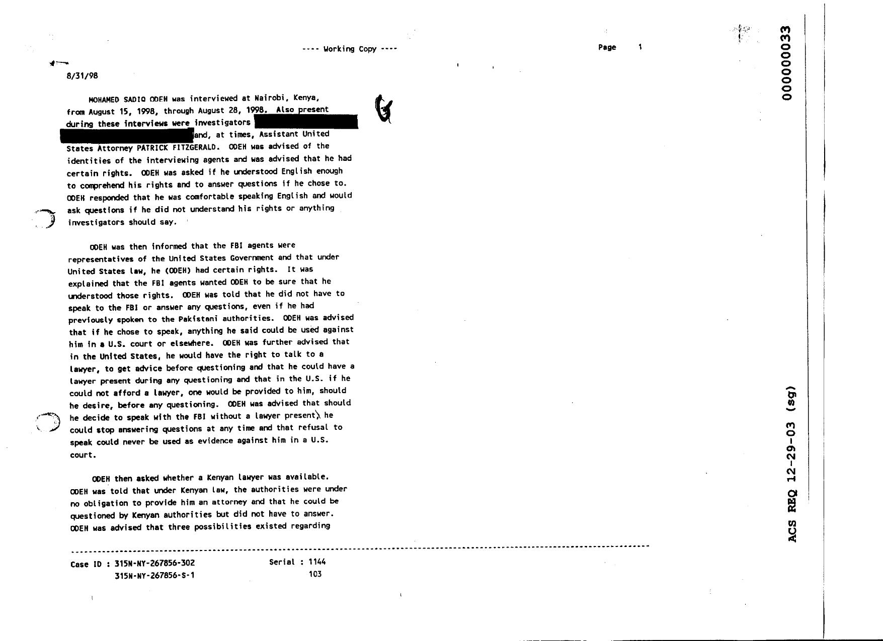T5 B35 FBI 302 1 of 3 Fdr- Memo re Mohamed Sadiq Odeh Interview w Patrick Fitzgerald by Unknown