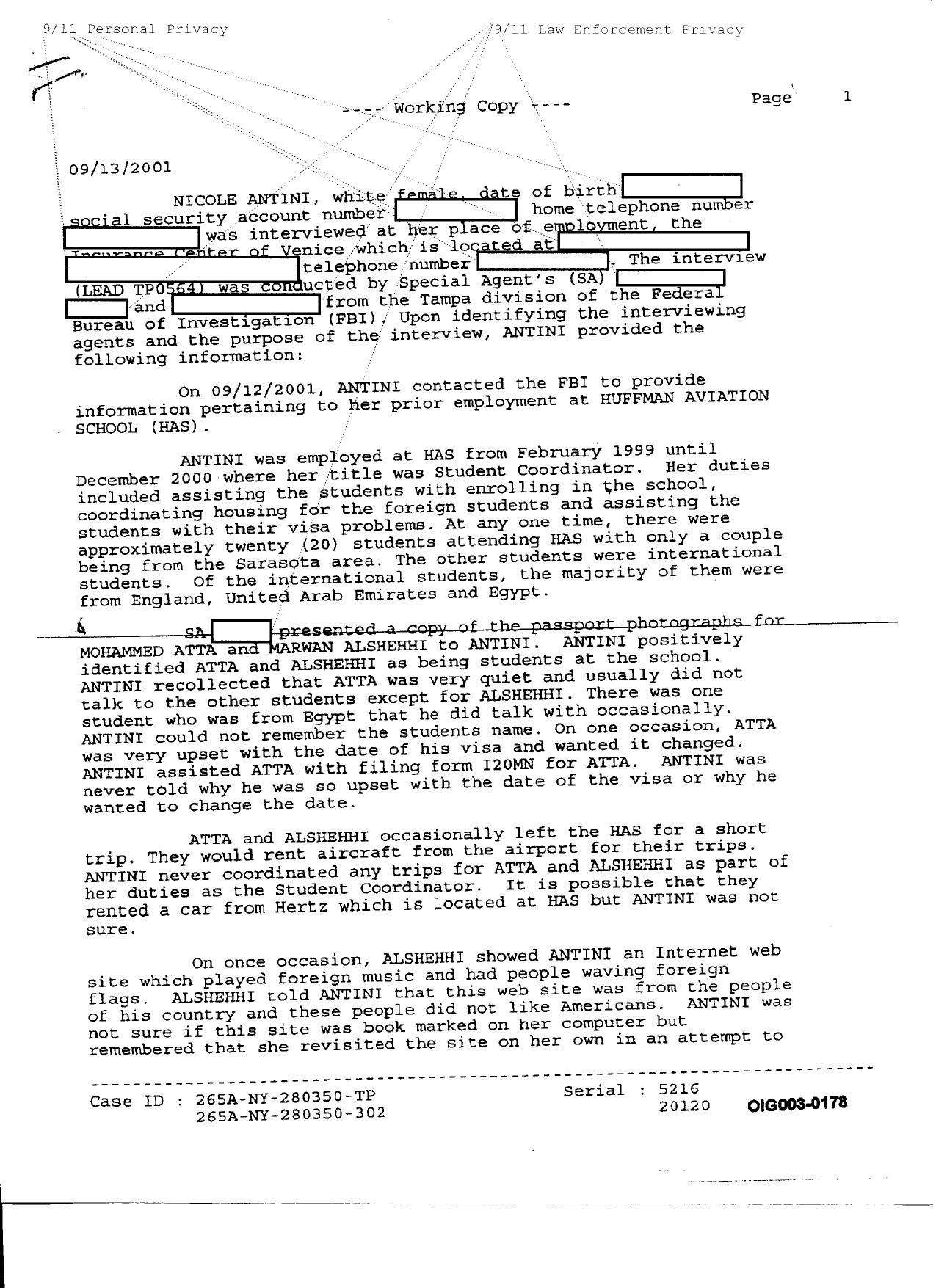 T5 B46 Footnote Materials 3 of 3 Fdr- 9-13-01 FBI 302- Nicole Antini-Huffman Aviation re Atta-Al-Shehhi 148 by Unknown