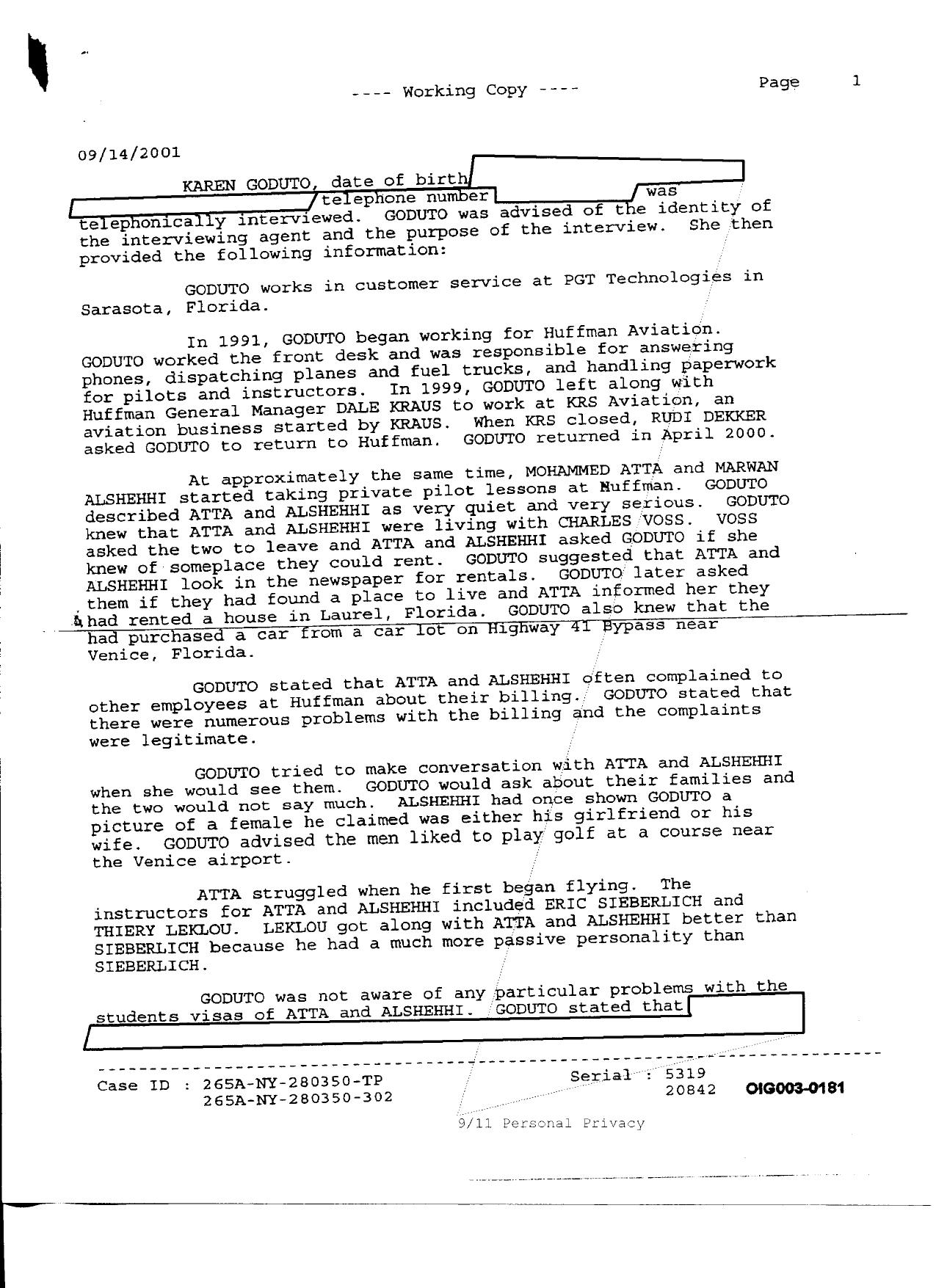 T5 B46 Footnote Materials 3 of 3 Fdr- 9-15-01 FBI 302- Karen Goduto-Huffman Aviation re Atta-Al-Shehhi 147 by Unknown