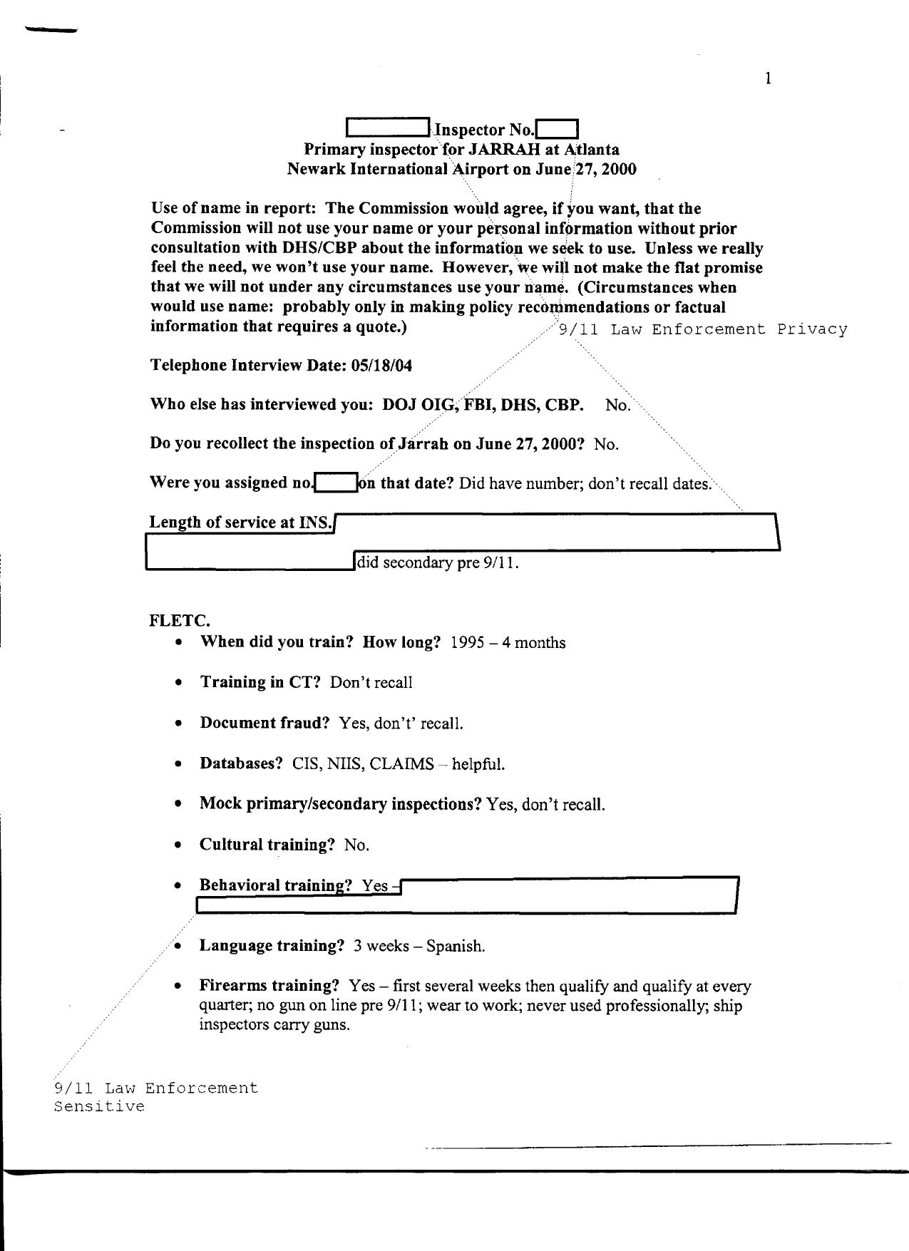 T5 B49 Inspector Interviews- UA 93 Fdr- Tab 1A- Entire Contents- Jarrah 6-27-00- Notes- Memos- INS Info by Unknown