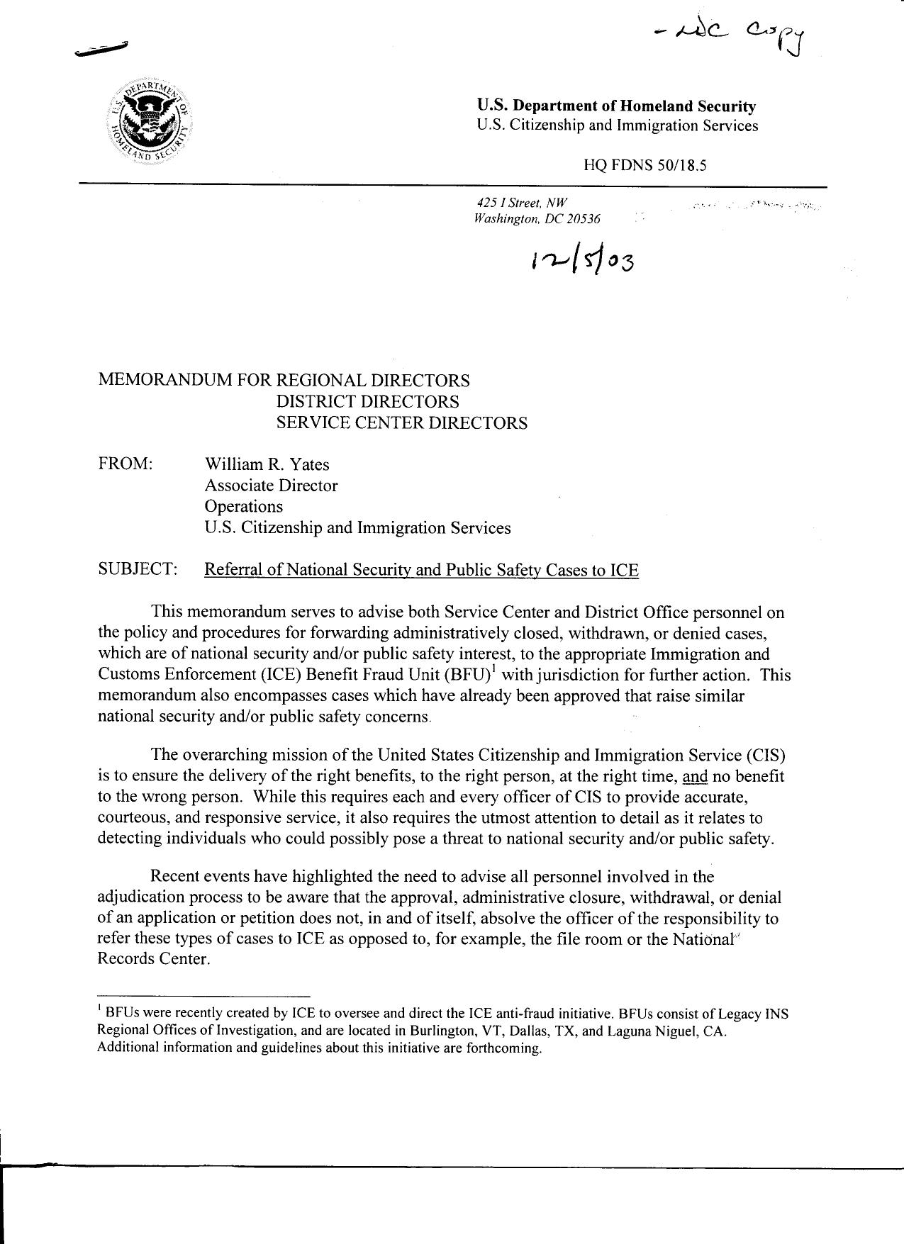 T5 B5 Yates- Bill Fdr- 12-5-03 Memo- Referral of National Security and Public Safety Cases to ICE 169 by Unknown
