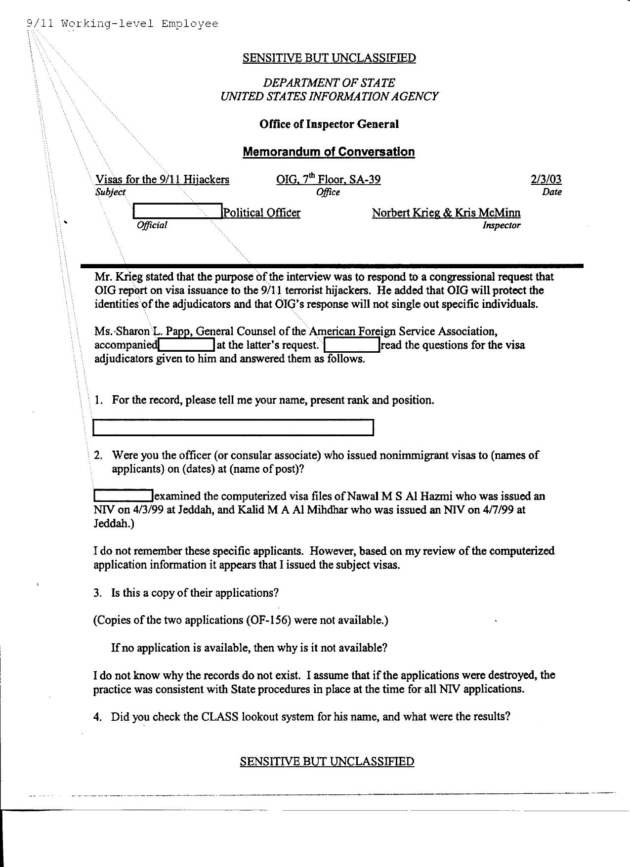 T5 B50 Hijacker Primary Docs- AA 77 1 of 2 Fdr- Al Mihdhar Tab- 2-3-03 DOS IG Memo re Interview of Officer Issued Visas to Al Hazmi and Al Mihdhar 335 by Unknown