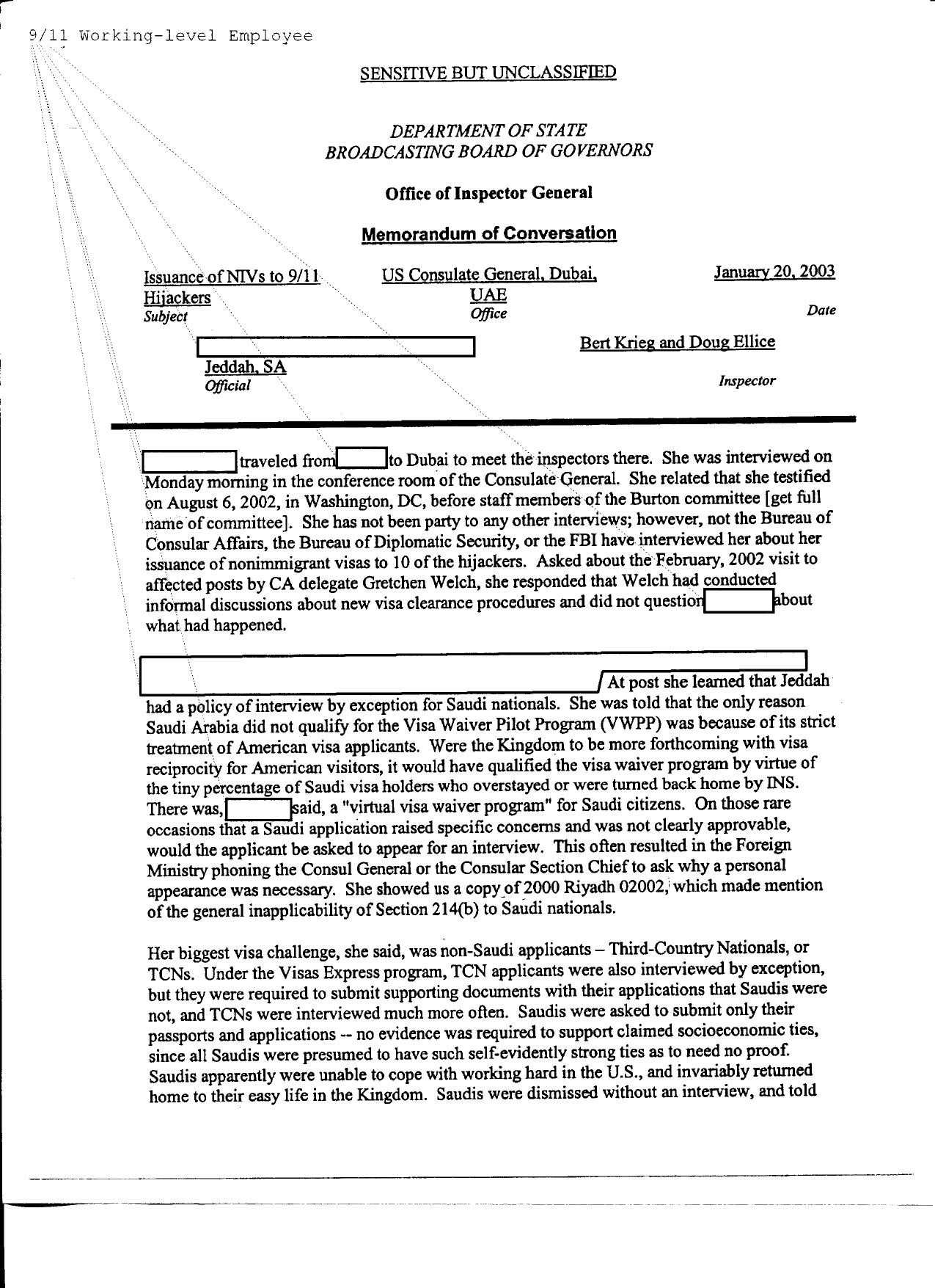 T5 B50 Hijacker Primary Docs- AA 77 1 of 2 Fdr- Hanjour Tab- 1-20-03 Memo- DOS IG Interview of Officer Issued NIVs for 10 Hijackers by Unknown
