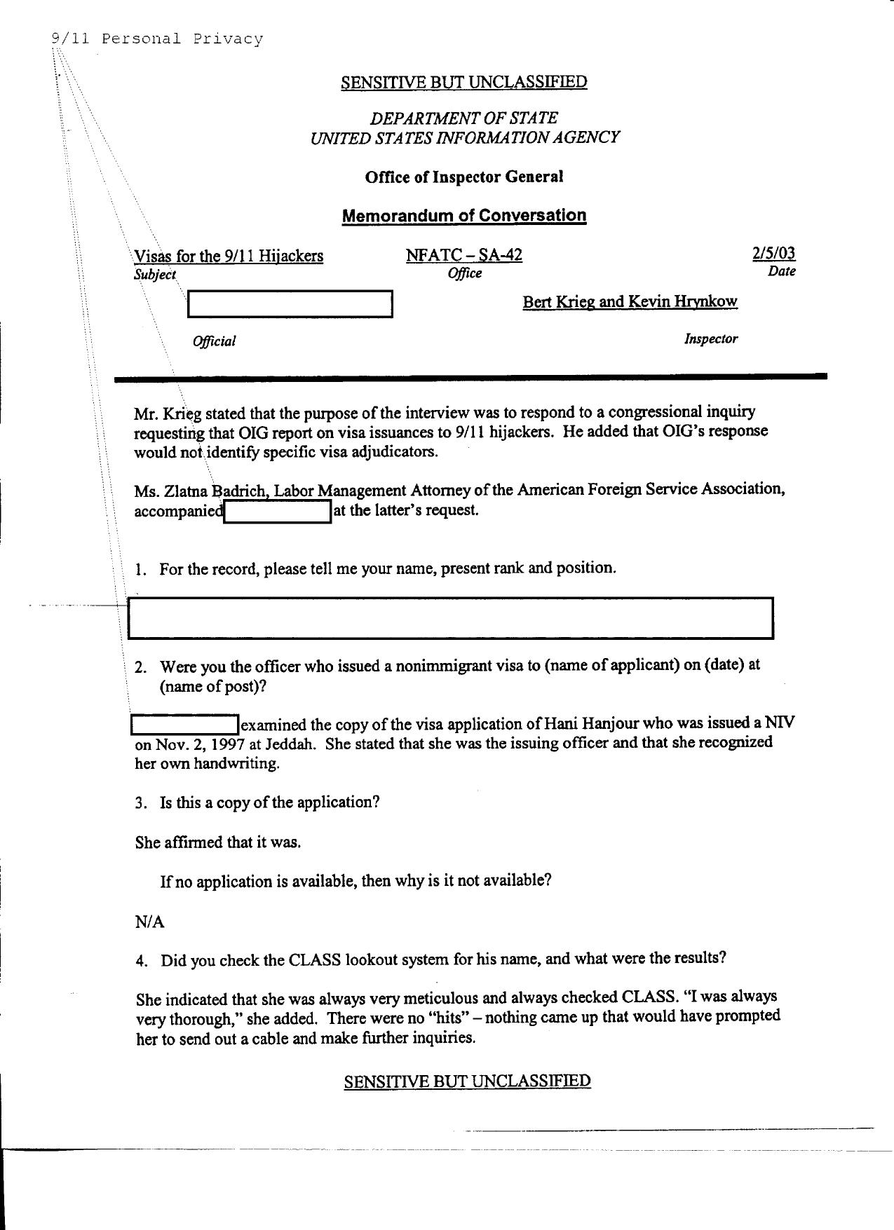 T5 B50 Hijacker Primary Docs- AA 77 1 of 2 Fdr- Hanjour Tab- 2-5-03 Memo- DOS IG Interview of Officer Issued Visa for Hanjour by Unknown