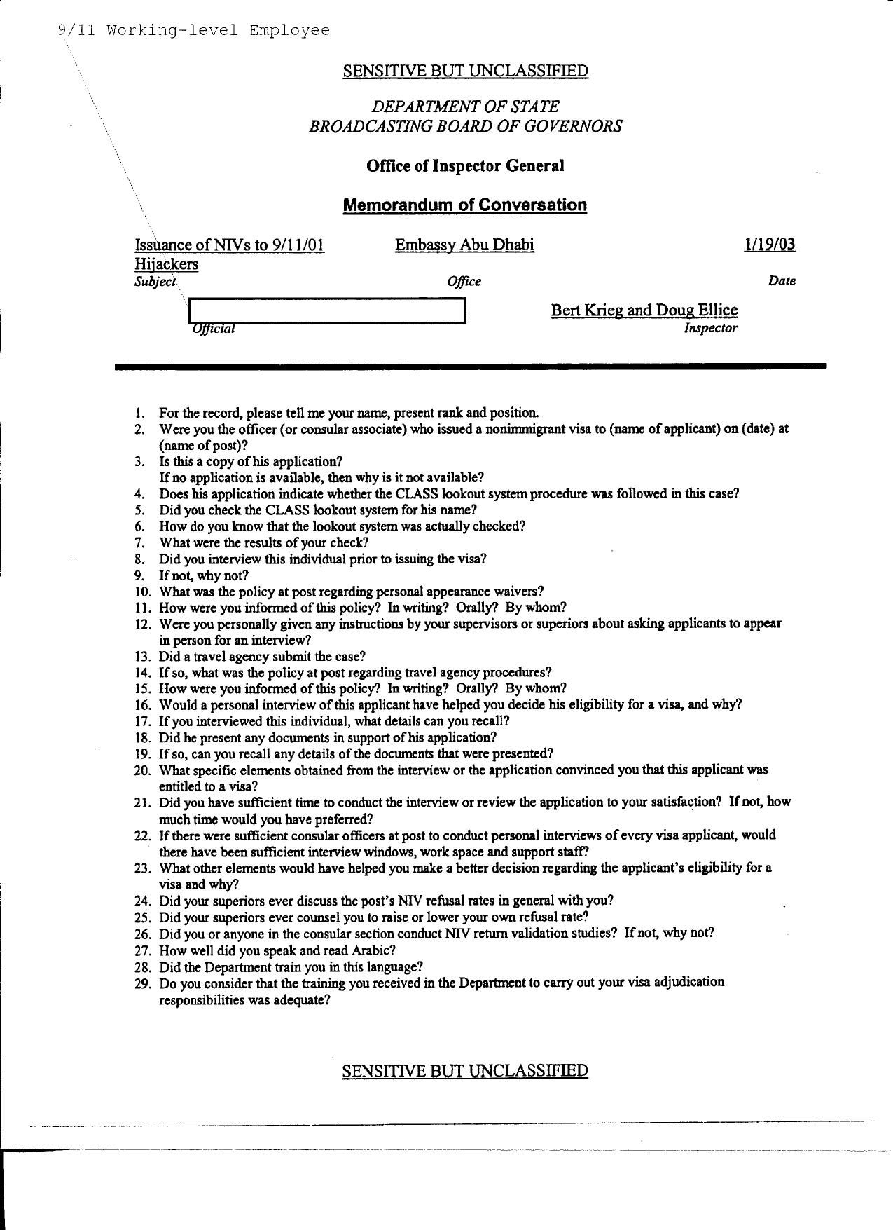T5 B50 Hijacker Primary Docs- UA 175 2 of 2 Fdr- Banihammad Tab- 1-19-03 Memo- DOS IG Interview Officer Issued Visa to Fayez Banihammad 364 by Unknown